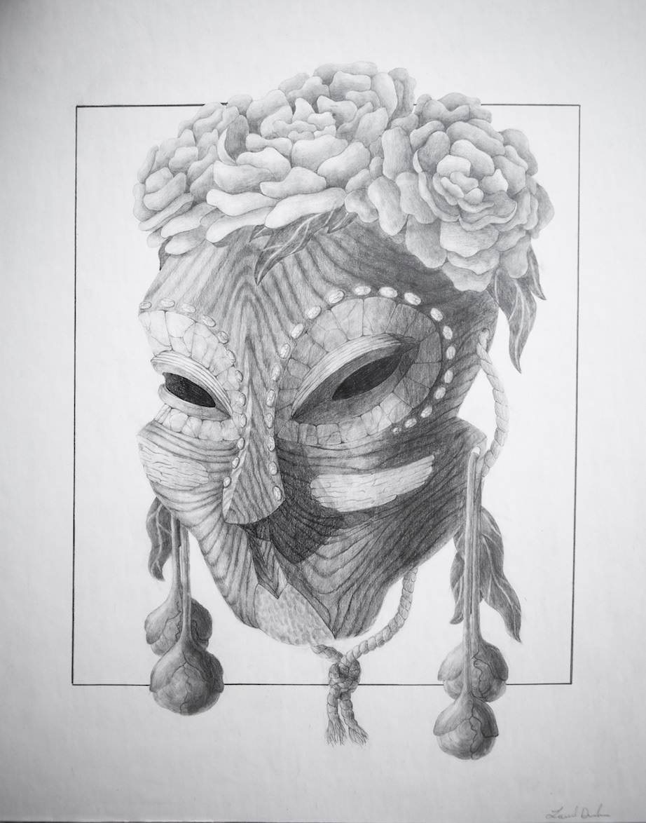 A highly-rendered, graphite drawing of a wooden fertility mask with elaborately decorated eyes and lips, and peonies crowning the top.