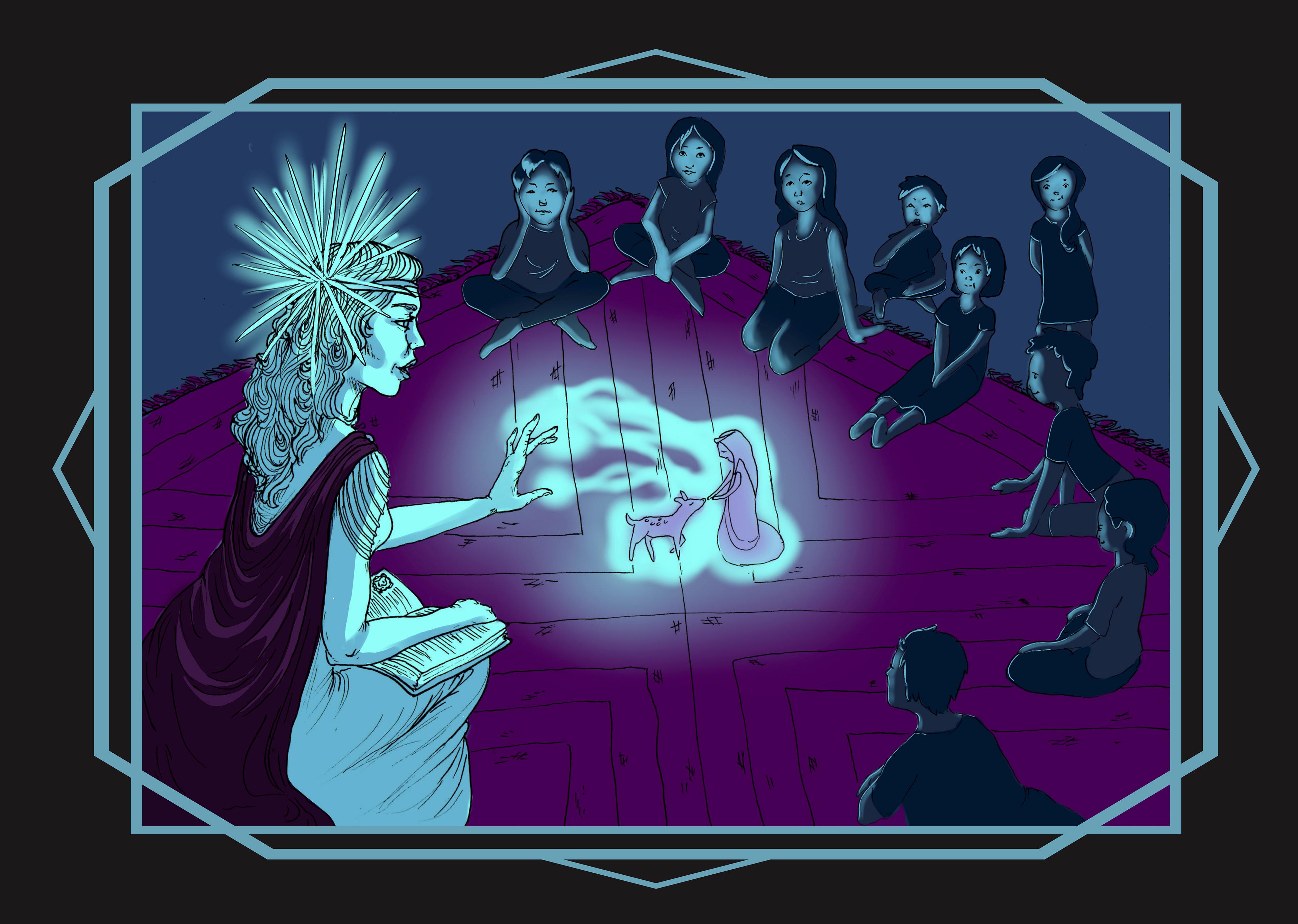 An image depicting a blue with with a pointed crown/halo, projecting a small scene from a storybook for a group of attentive children.