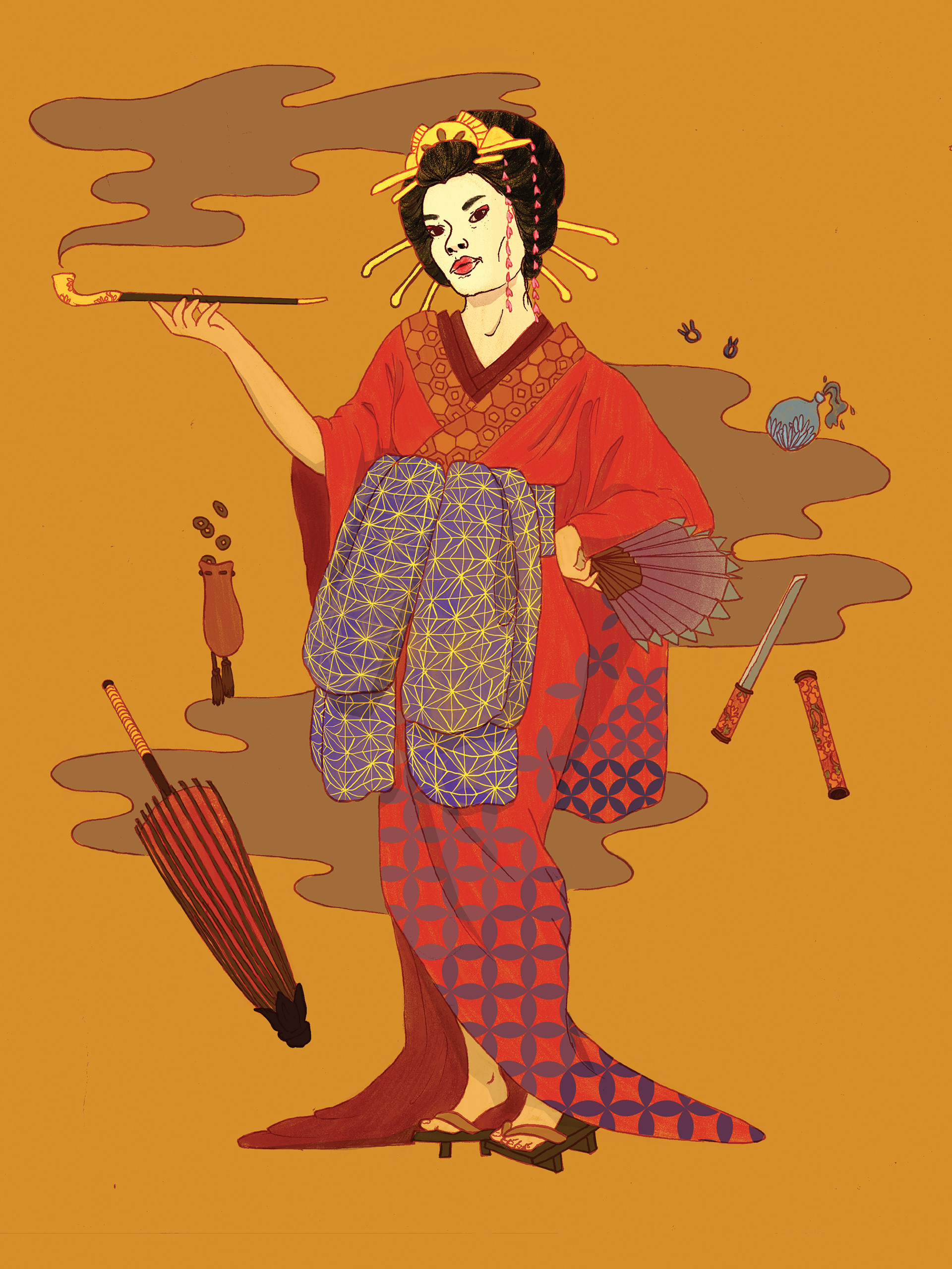 a geisha/oiran posing with her weapons and accessories. 