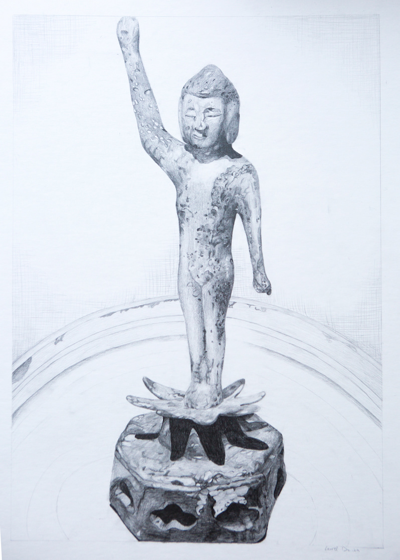 A highly-rendered, graphite drawing of a small buddha statue.