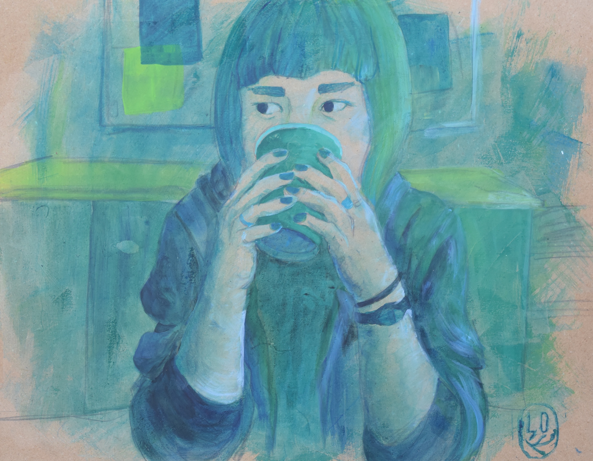 a girl sits at a table sipping coffee from a to-go cup.