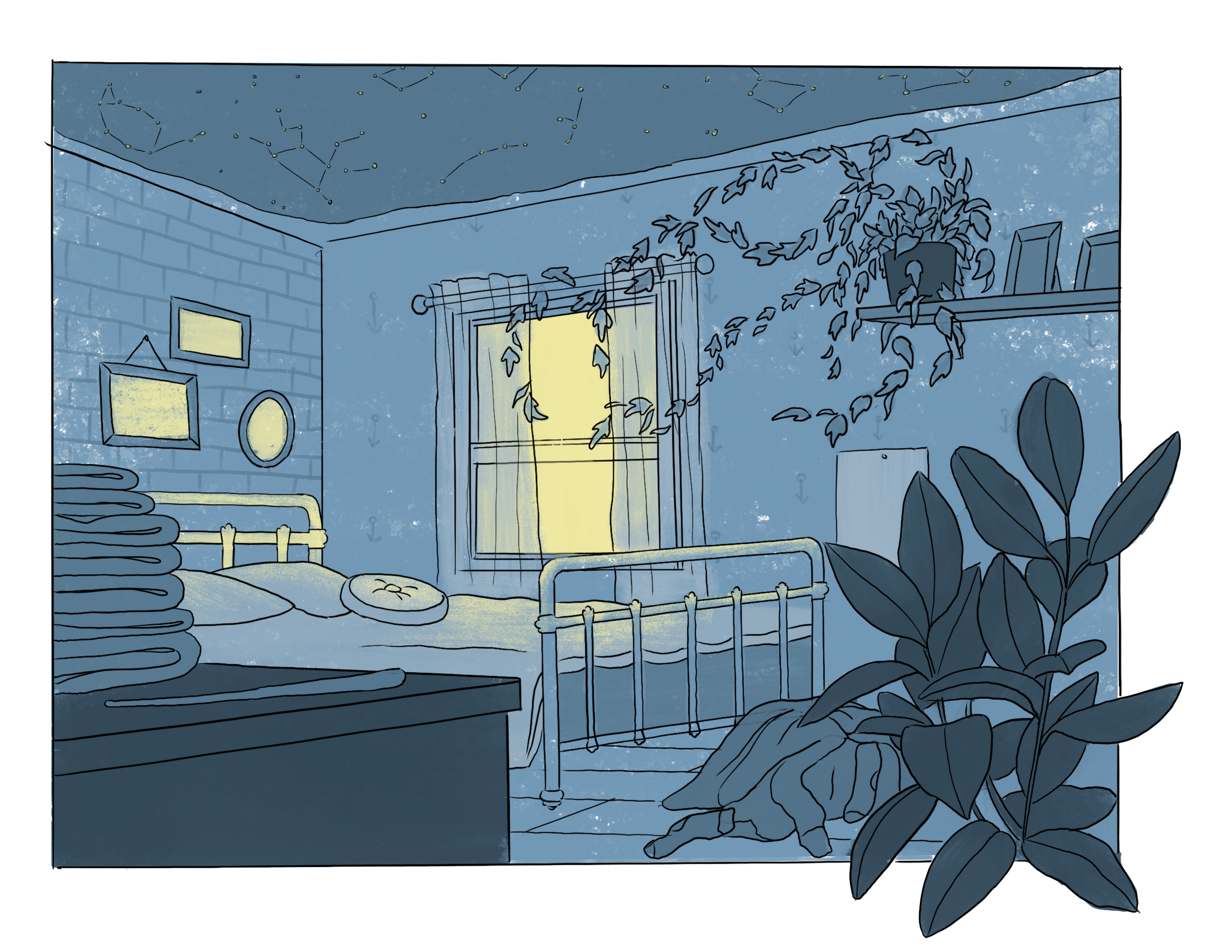 a blue bedroom with plants, and constellations on the ceiling.