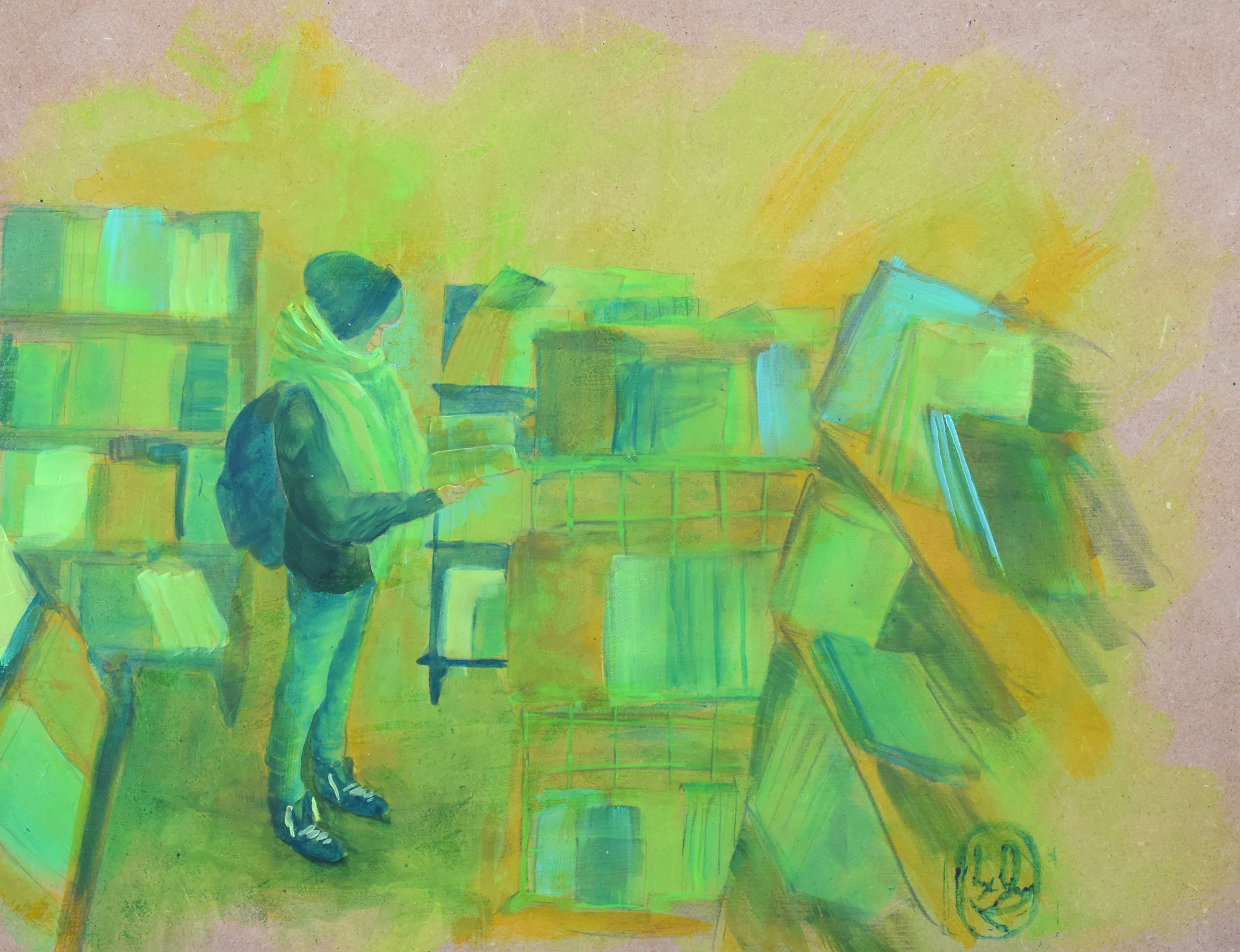 a girl stands in a comic book store.