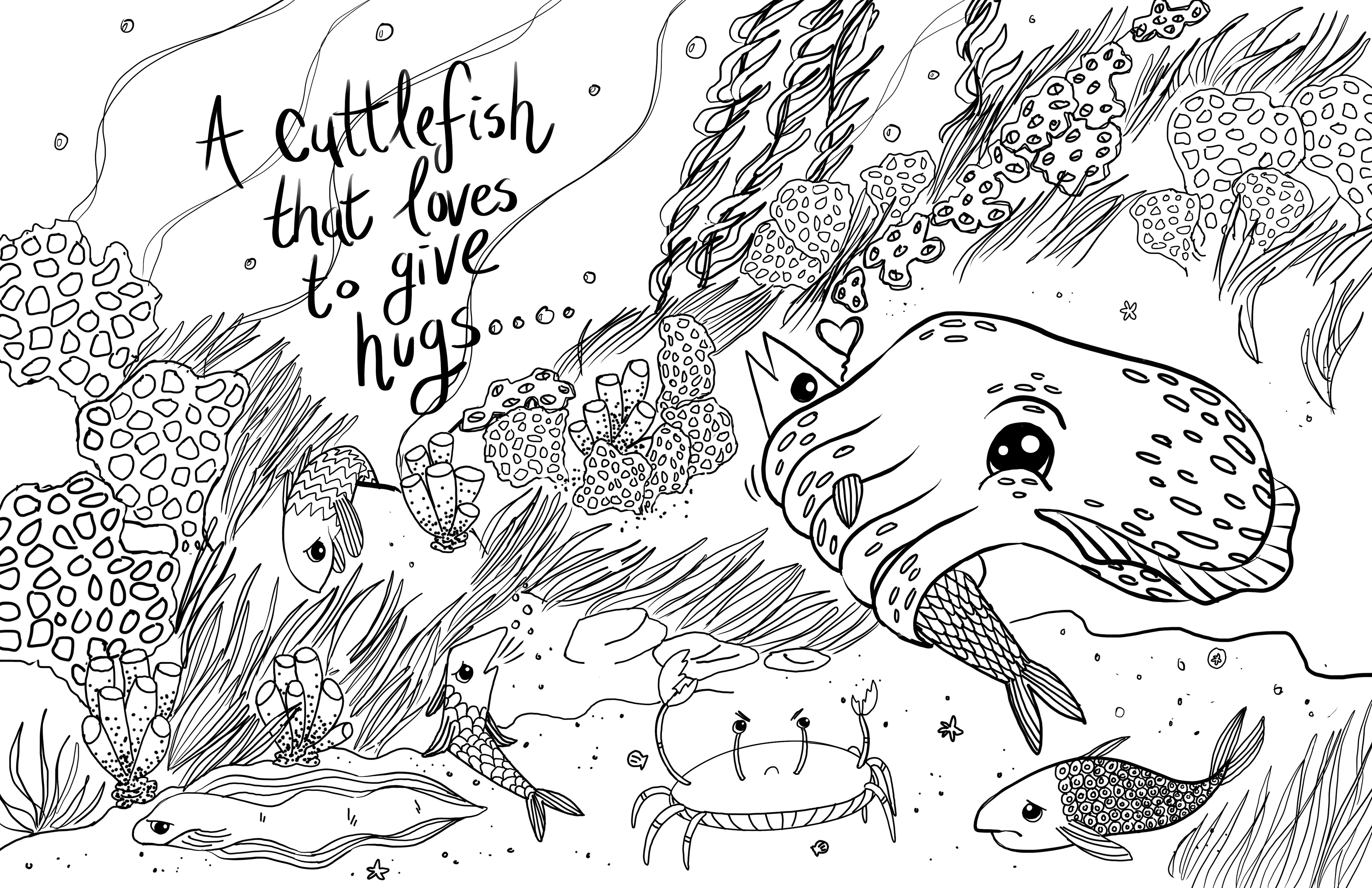 A Children's colouring book spread featuring a cuttlefish, and other ocean animals with the line "a cuttlefish that loves to give hugs".