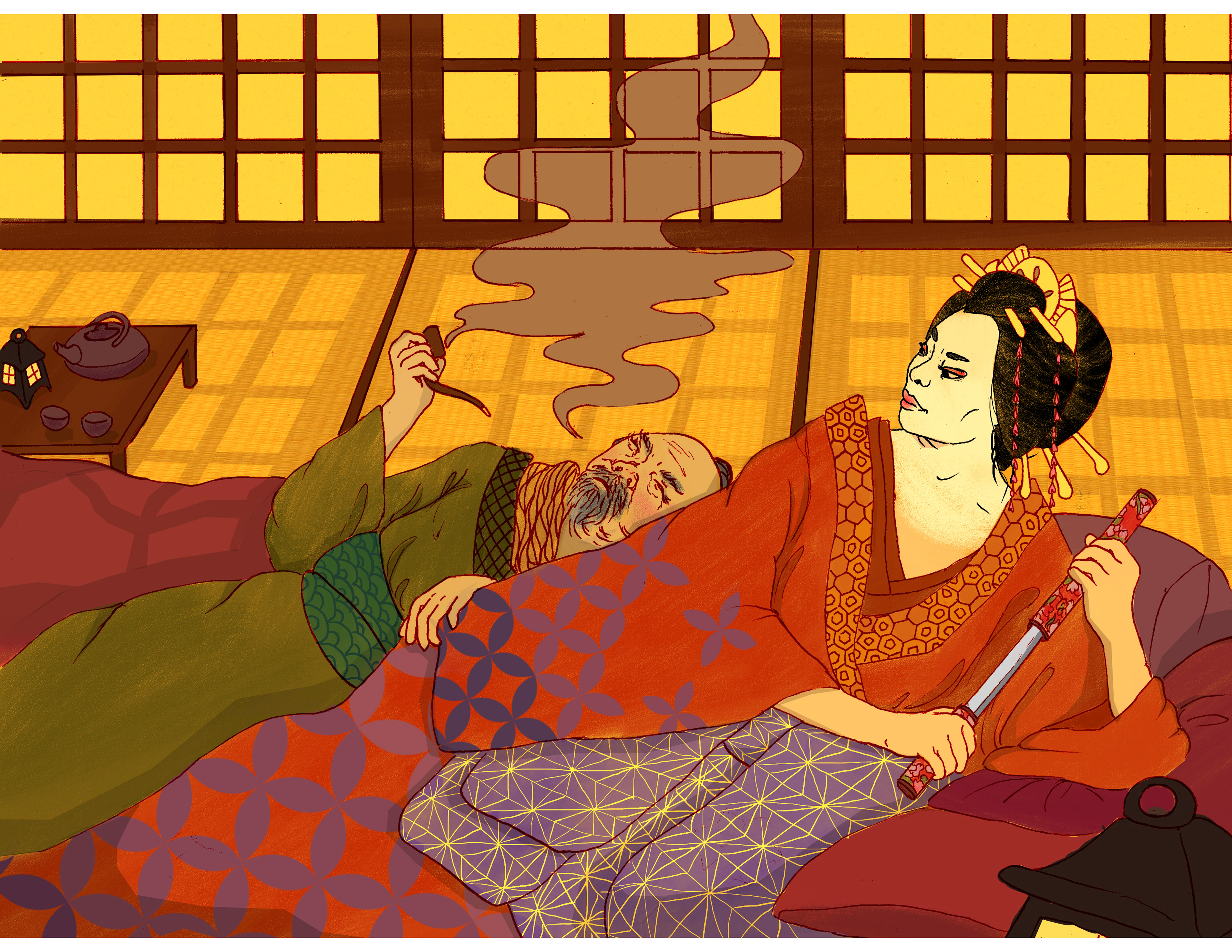 A geisha lays reclining besides a satisfied customer smoking a pipe, the geisha is drawing a blade.