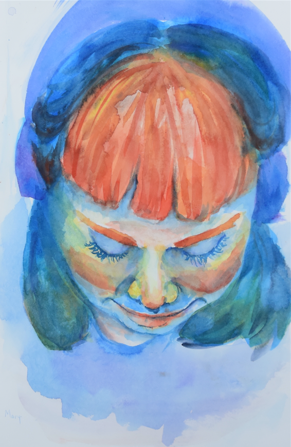 a rainbow coloured watercolour portrait of a girl wearing headphones.