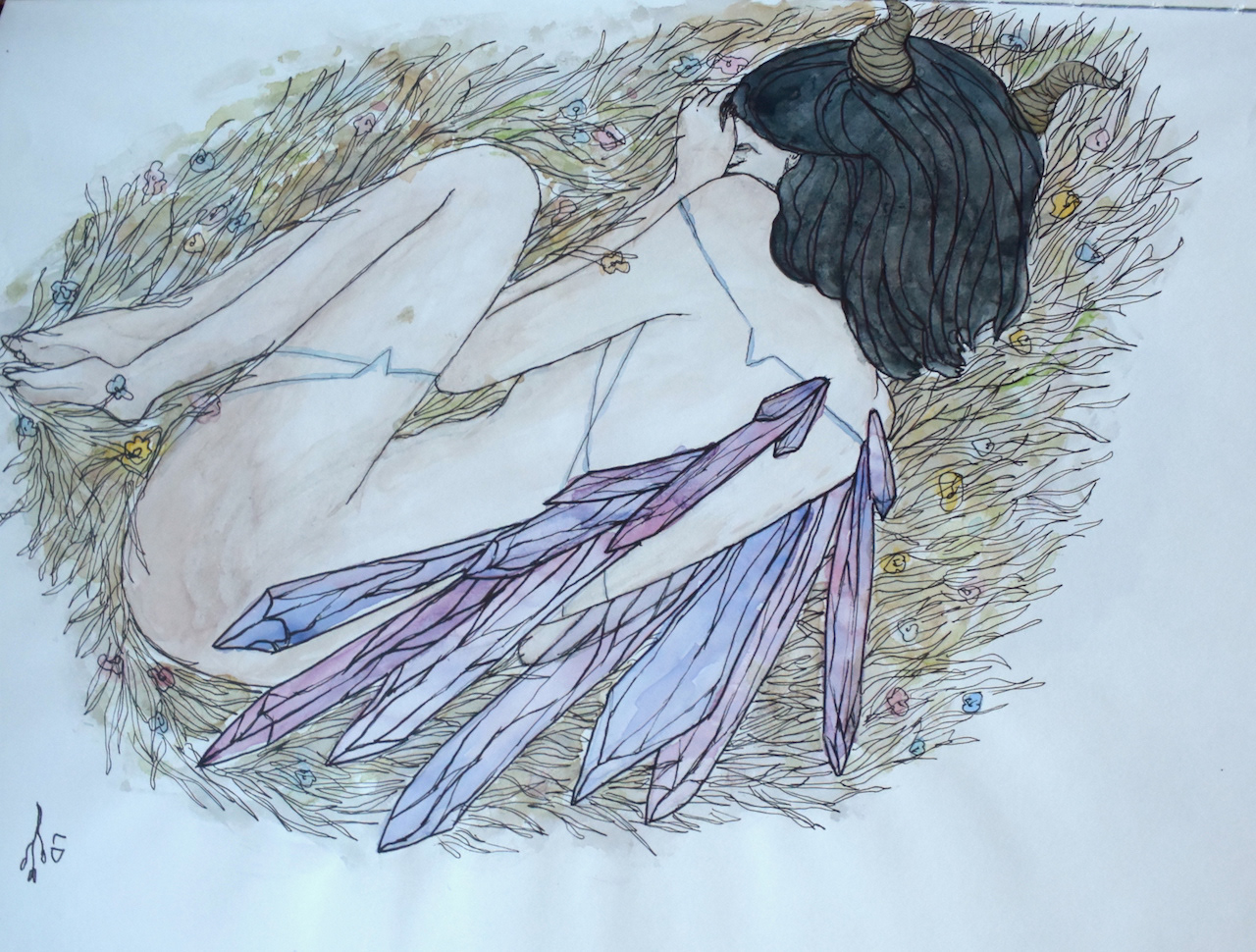 a watercolour painting of a nude woman in grass, with black hair revealing small horns, and crystalline wings.