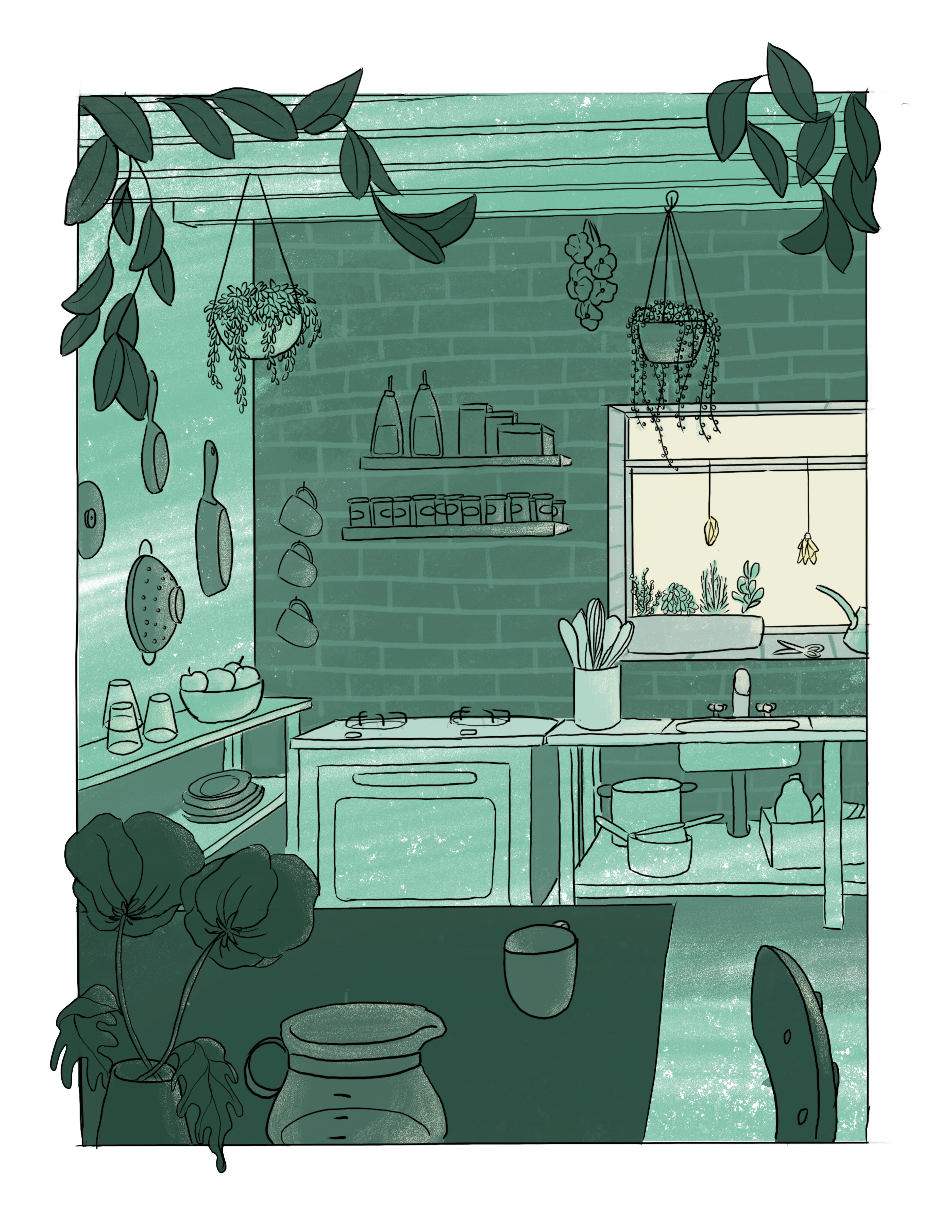A green kitchen with exposed beams and hanging plants.