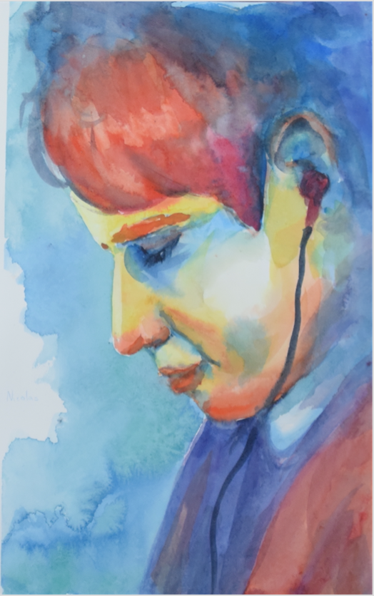 a rainbow watercolour portrait of a boy with earbuds.