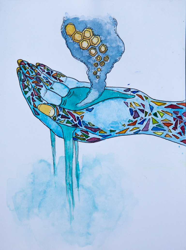 watercolour painting. a blue hand is covered in multicoloured triangles. There is a teal puddle cupped in the palm, and a blue cloud of steam with yellow honeycomb inside rises from it. 