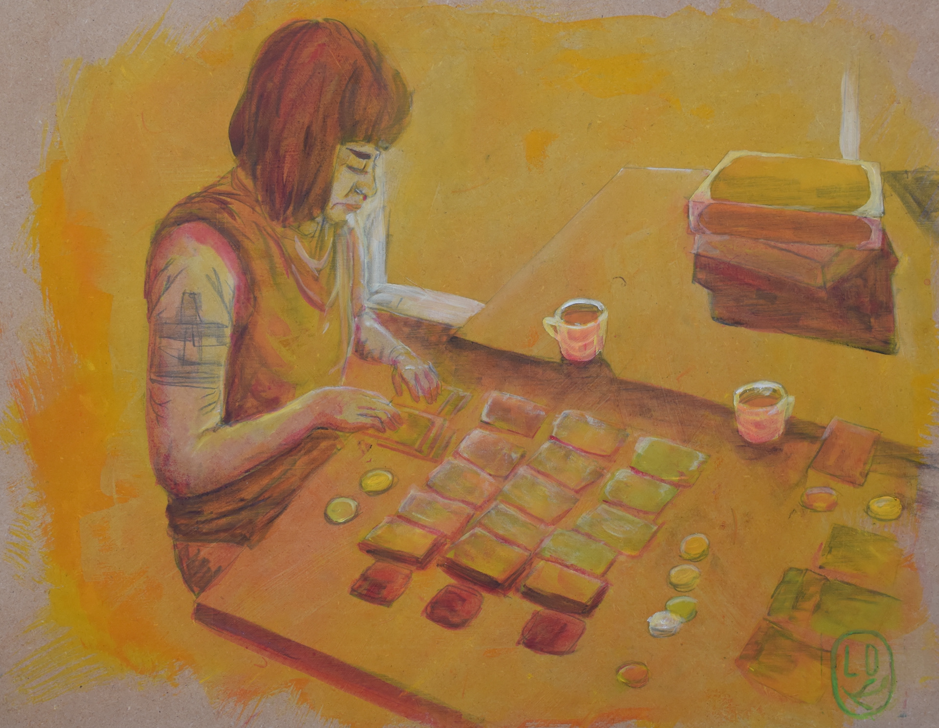 a girl sits at a table playing a board game