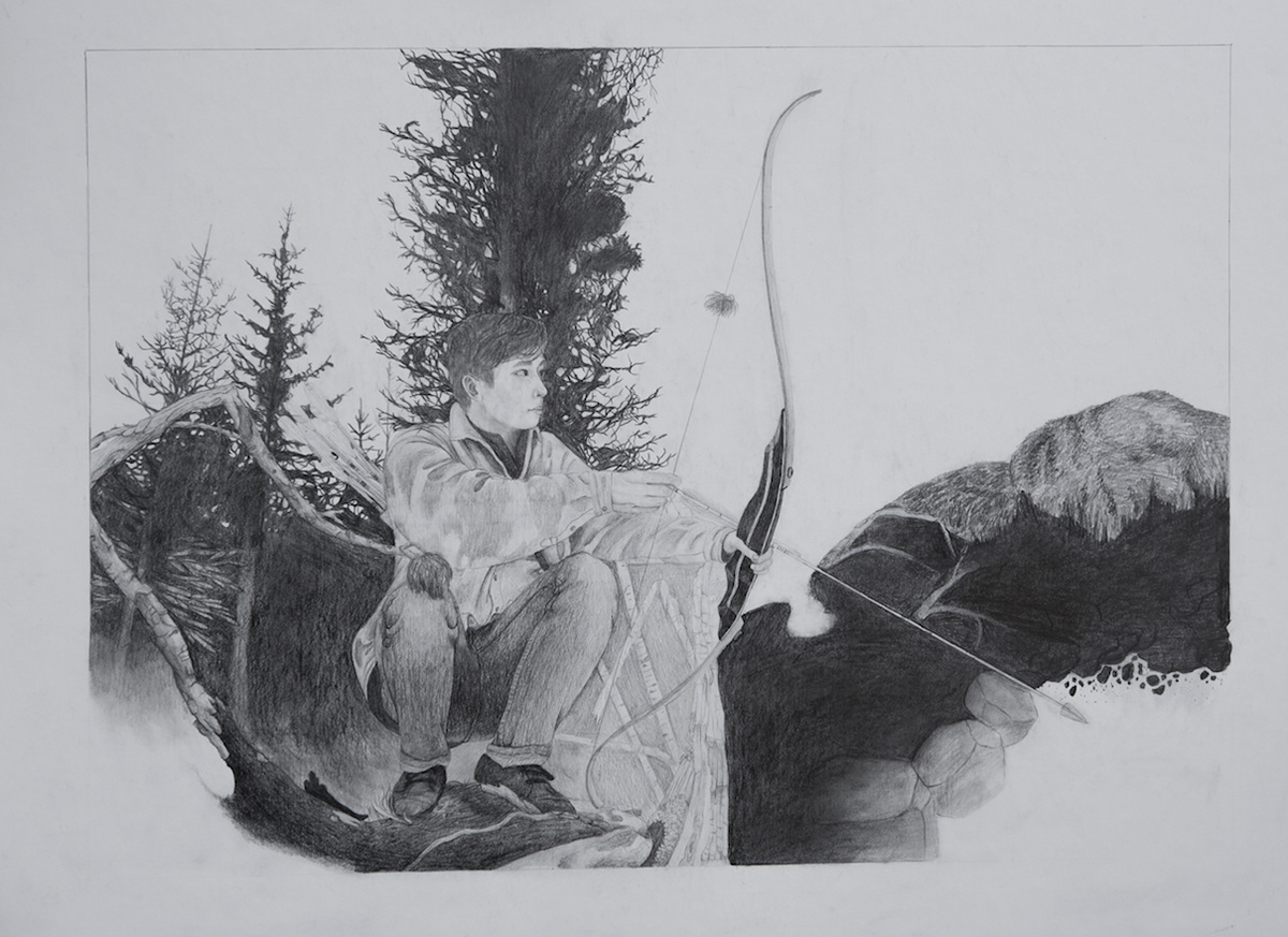 A highly-rendered, graphite drawing of a boy crouching on a log holding a bow and arrow at the ready.