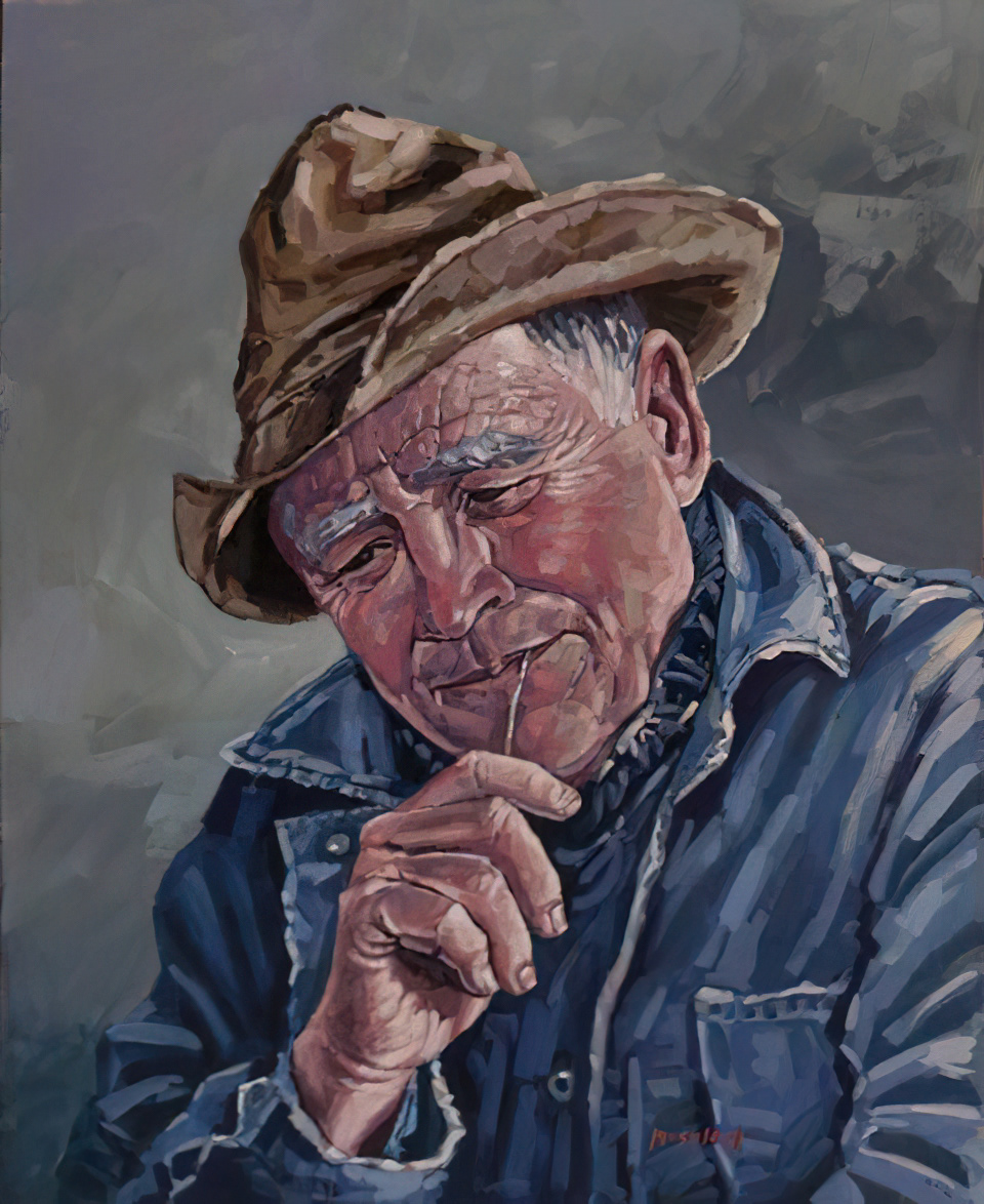 Concerned Cowboy: 20x16" Casein on Birchwood