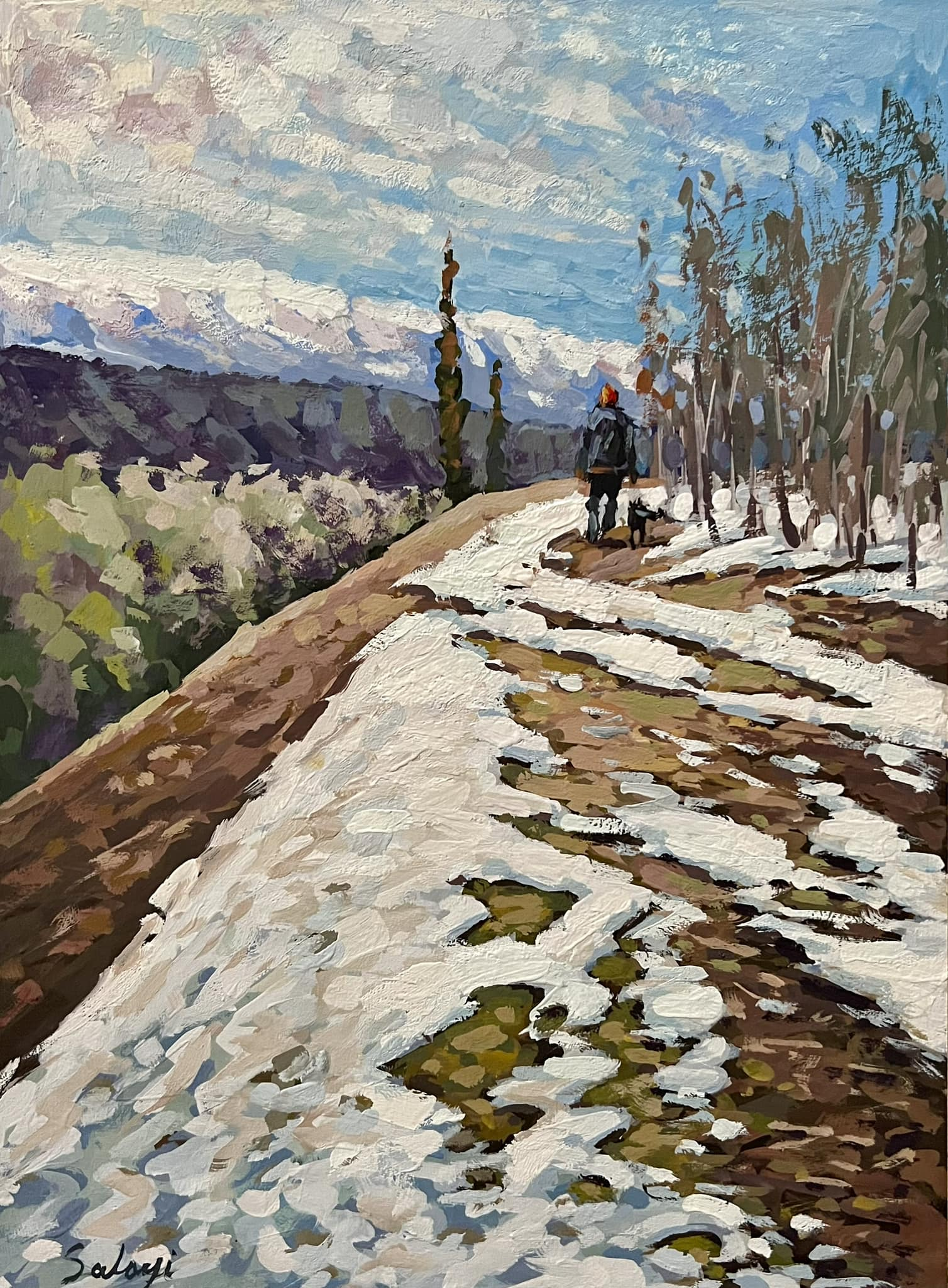 Winter outing : 16x12” , Gouache on Birch Wood Panel
