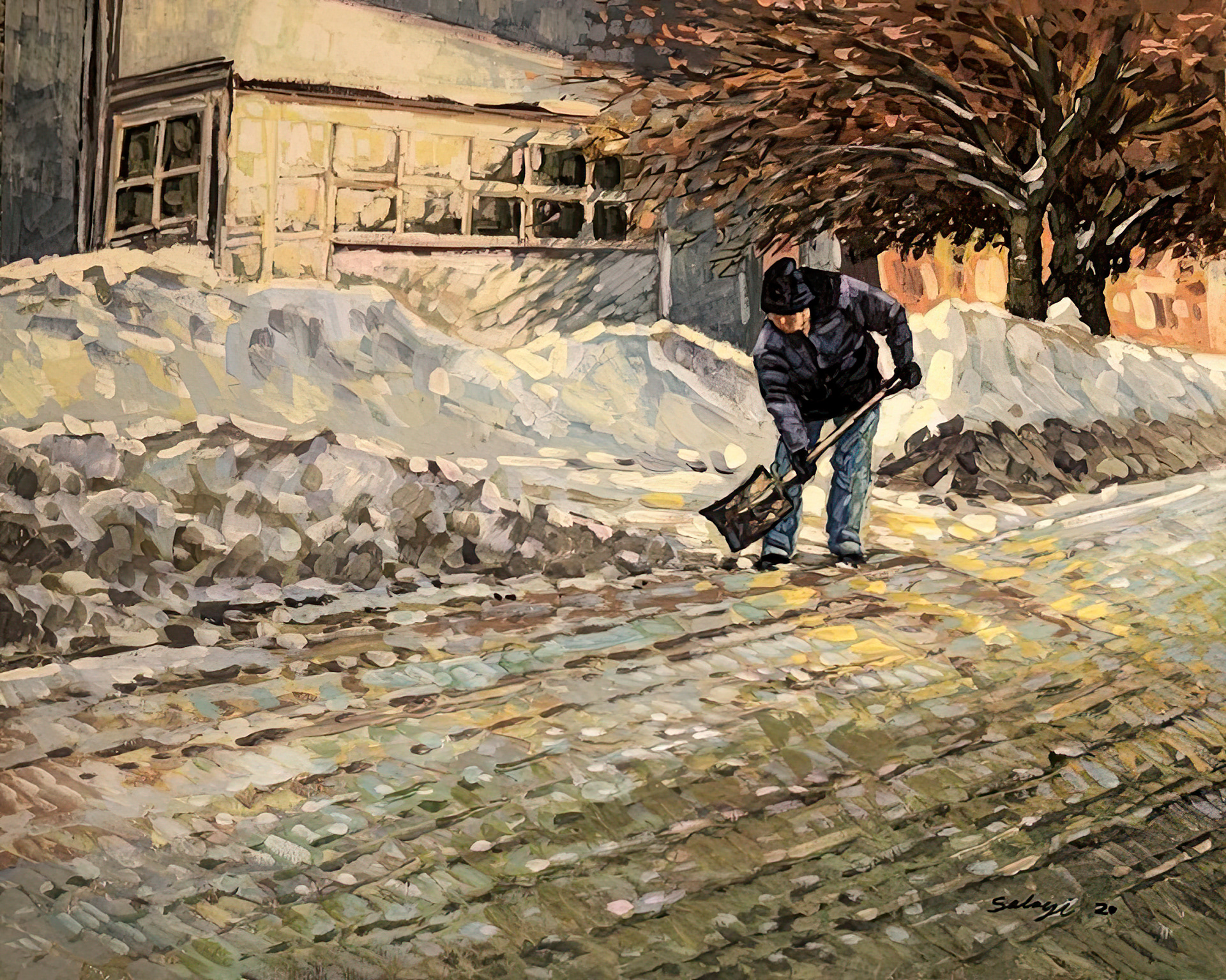 Winter Chore : 16 x 20" gouache on birchwood