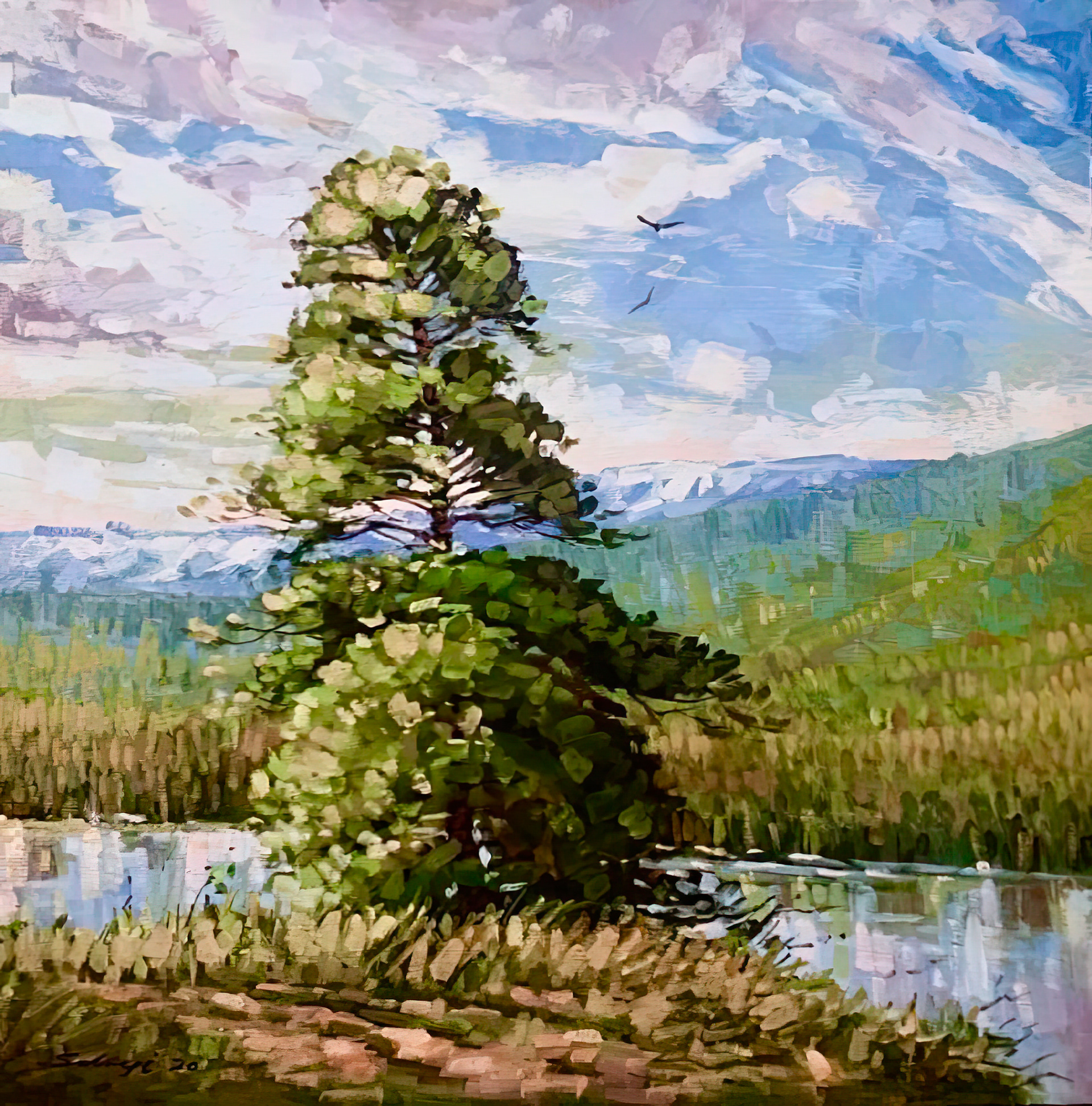 Lonely Tree : 16x16” Gouache on Birch Wood