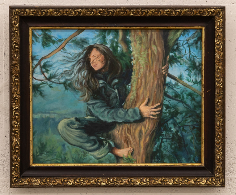 Julia "Butterfly" Hill - 2025, Acryl auf Holz, 66,5×57,5 cm