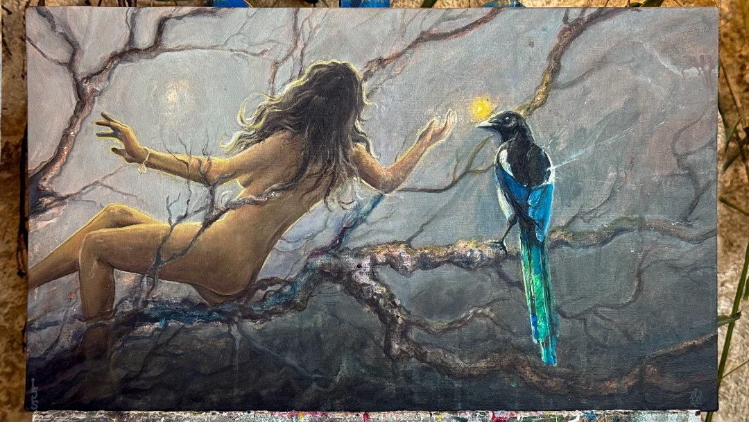 Glanz – 2025, Kollaboration mit Leon Schreiber, Acryl und Öl auf Leinwandboard, 52×30 cm