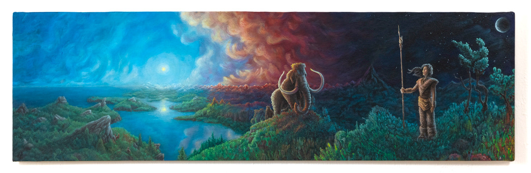 Steinzeitjägerin – 2024, Acryl auf Leinwandboard, 100 x 30 cm