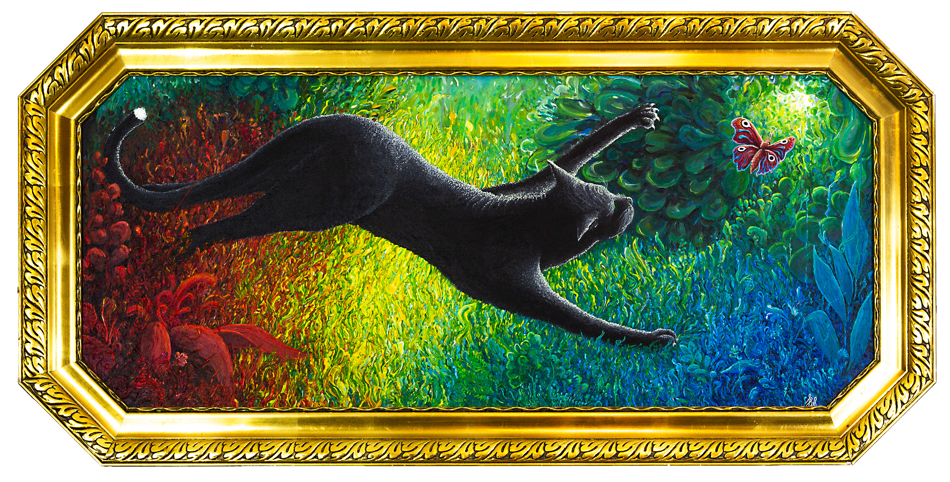 Schwarze Katze, Acryl auf Brett, 140x65 cm