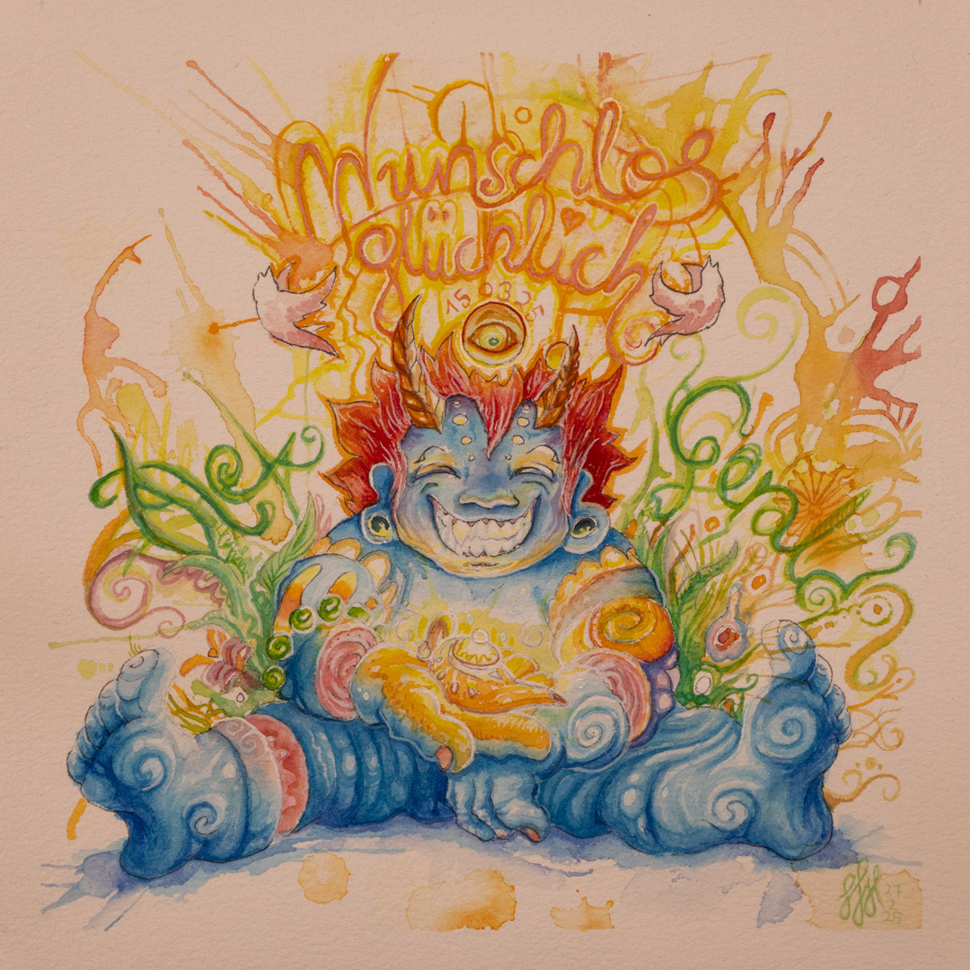 Wunschlos Glücklich, Hochzeitskarte - 2025, Aquarell und Gouache auf Papier, 17×17 cm