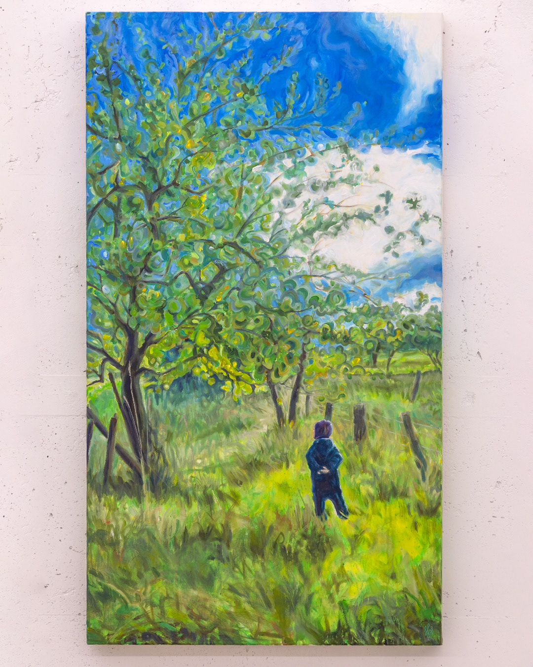 Vivien und der Apfelbaum - 2025, Acryl auf Leinwand, 158×88 cm VERKAUFT