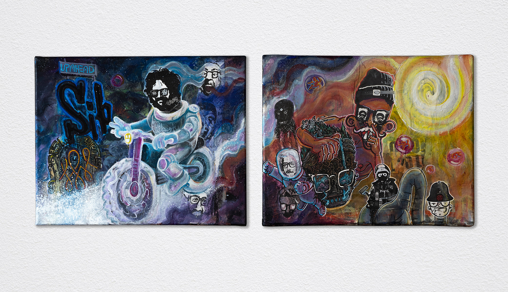 Space Riders – 2023, Acryl, Collage auf Leinwand, Keilrahmen, Diptychon, je 30x24 cm, Sit atLiberty Collab