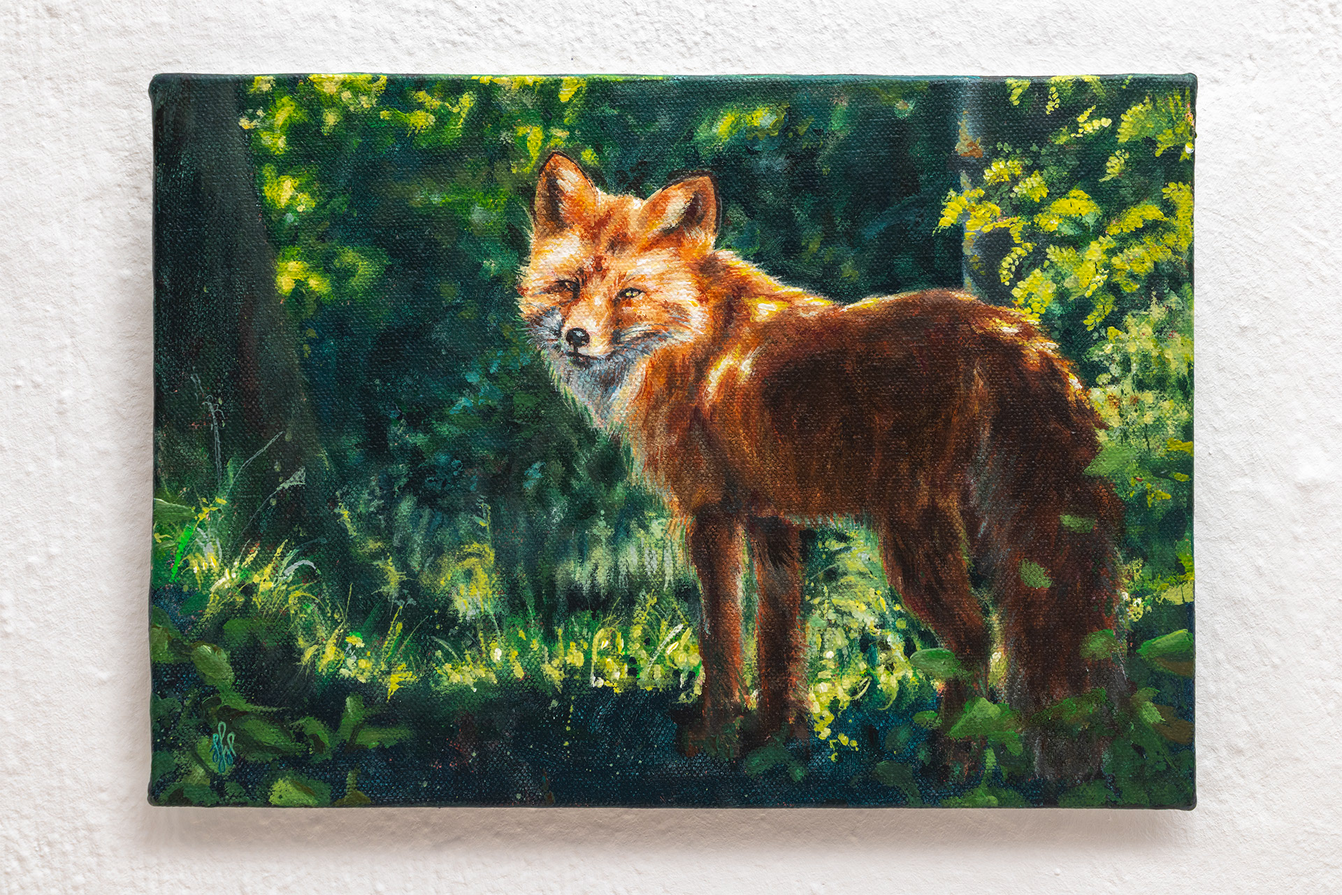 Fuchs im Wald - 2025, Acryl auf Leinwandboard, 27×19 cm