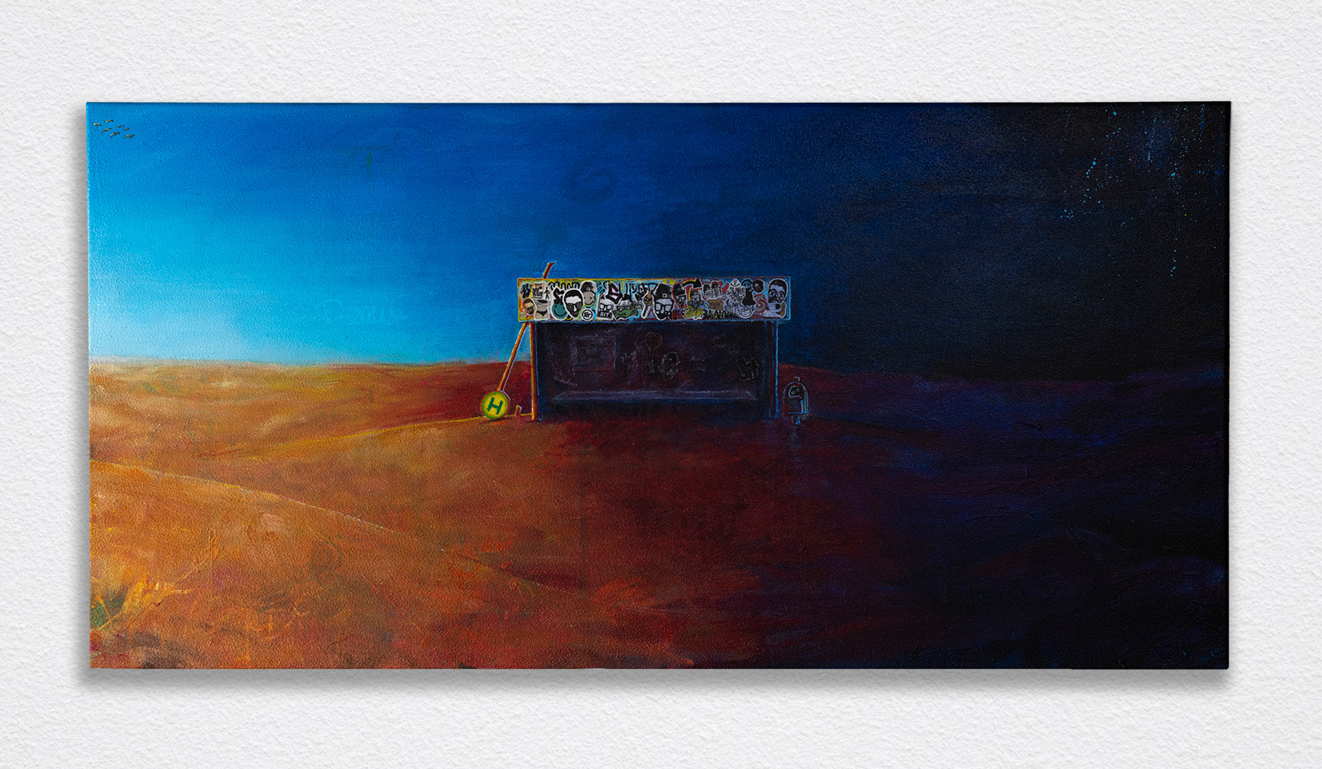 Bus Stop – 2023, Acryl, Collage auf Leinwand, Keilrahmen, 80x30 cm, Sit atLiberty Collab