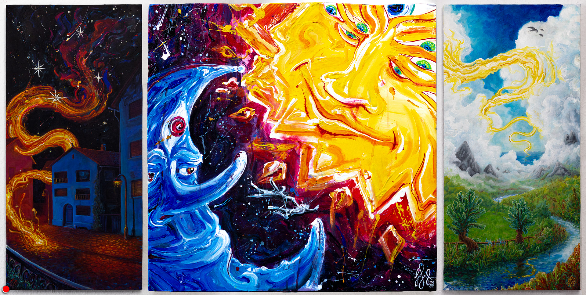 Zwischen Tag und Nacht - 2023, Triptychon, Acryl auf Leinwandboard, 63 x 63 und 63 x 30 cm