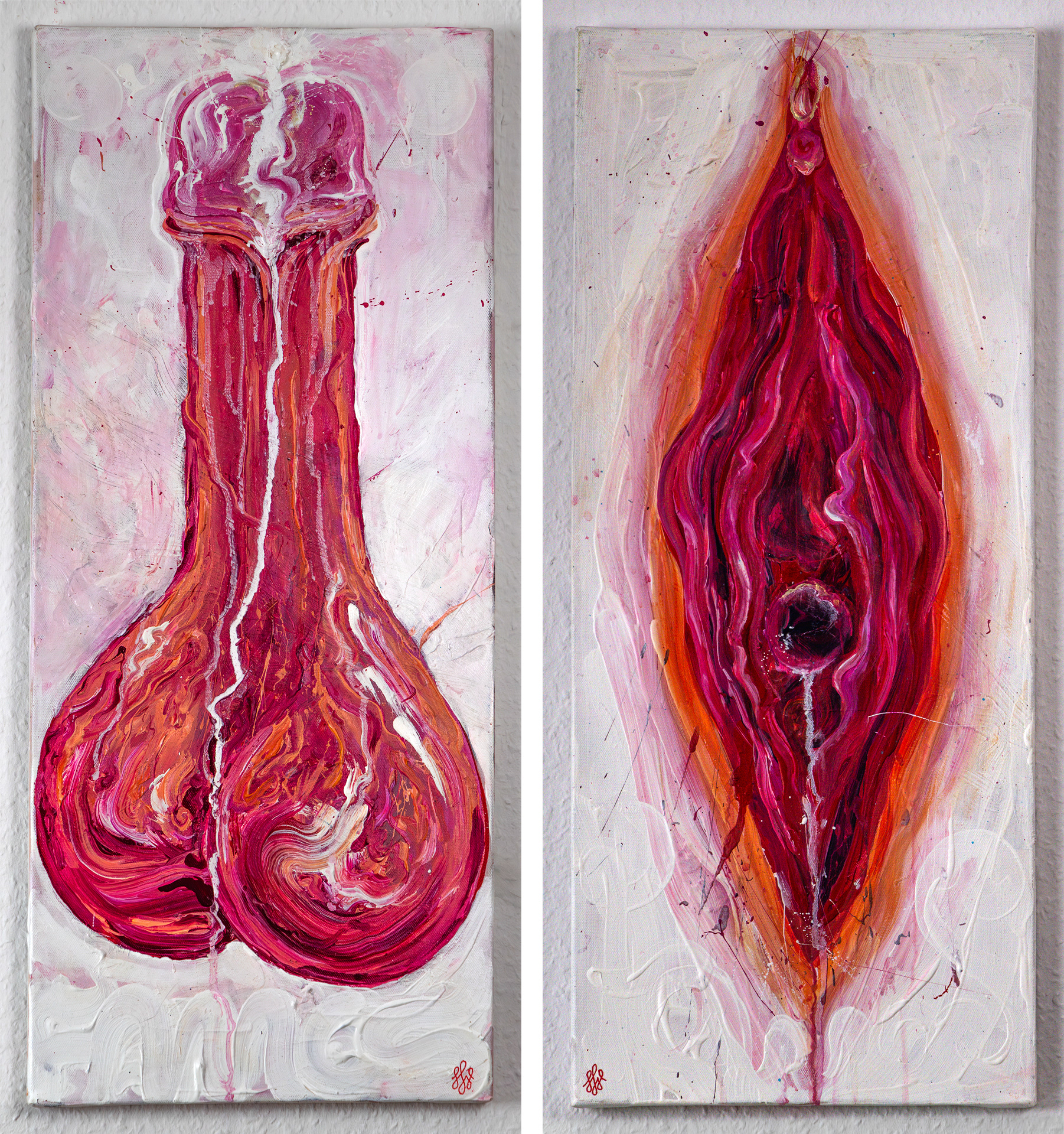 Penis & Vulva – 2023, Diptychon, Acryl auf Leinwand, je 70 × 30 cm VERKAUFT