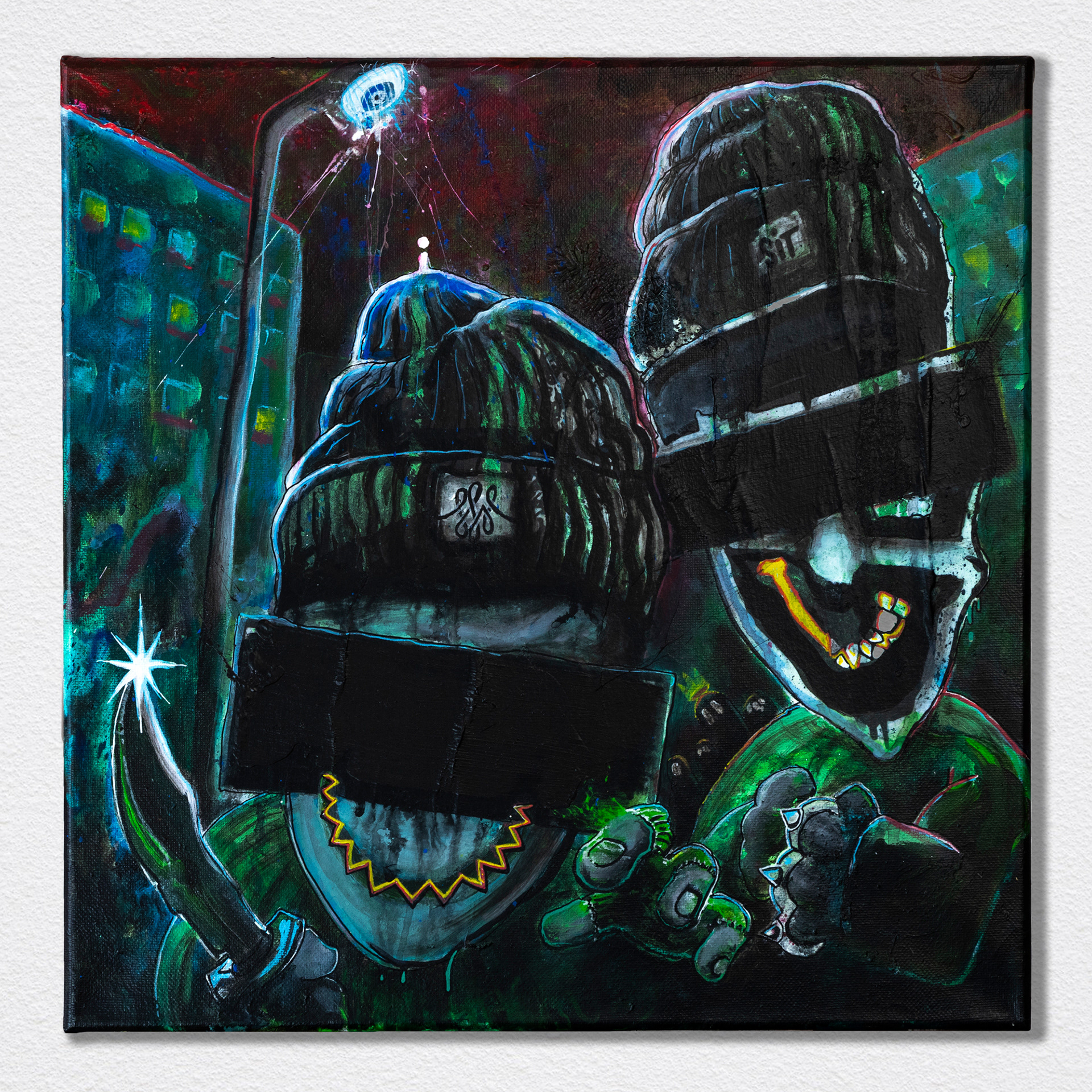 Muggerz – 2023, Acryl, Collage auf Leinwand, Keilrahmen, 40×40 cm, Sit atLiberty Collab