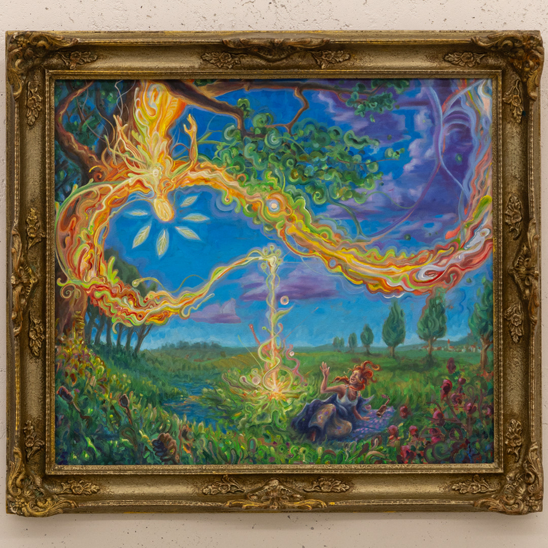 Blumenpflücken – 2025, Acryl auf Leinwand, alter Barockrahmen, 100×80 cm