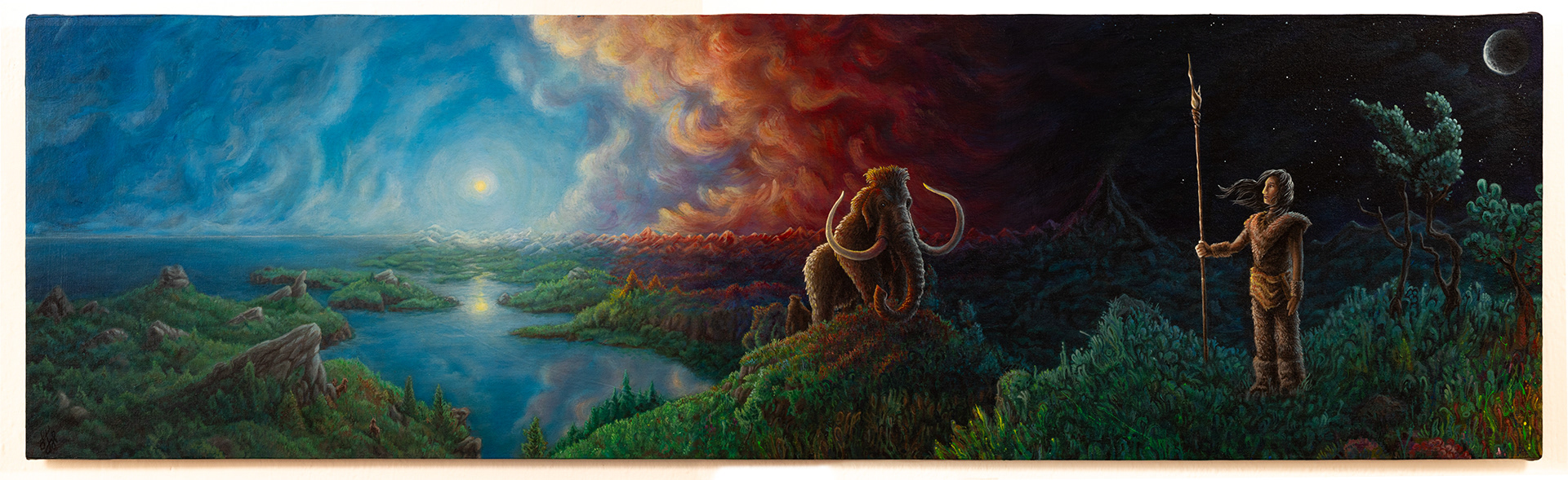 Steinzeitjägerin – 2024, Acryl auf Leinwandboard, 100 x 30 cm