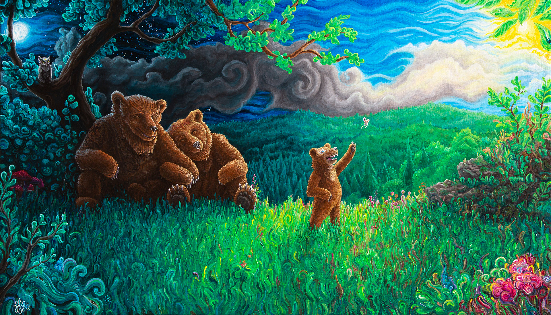 Bärenfamilie – 2022, Acryl auf Leinwandboard 70x40 cm