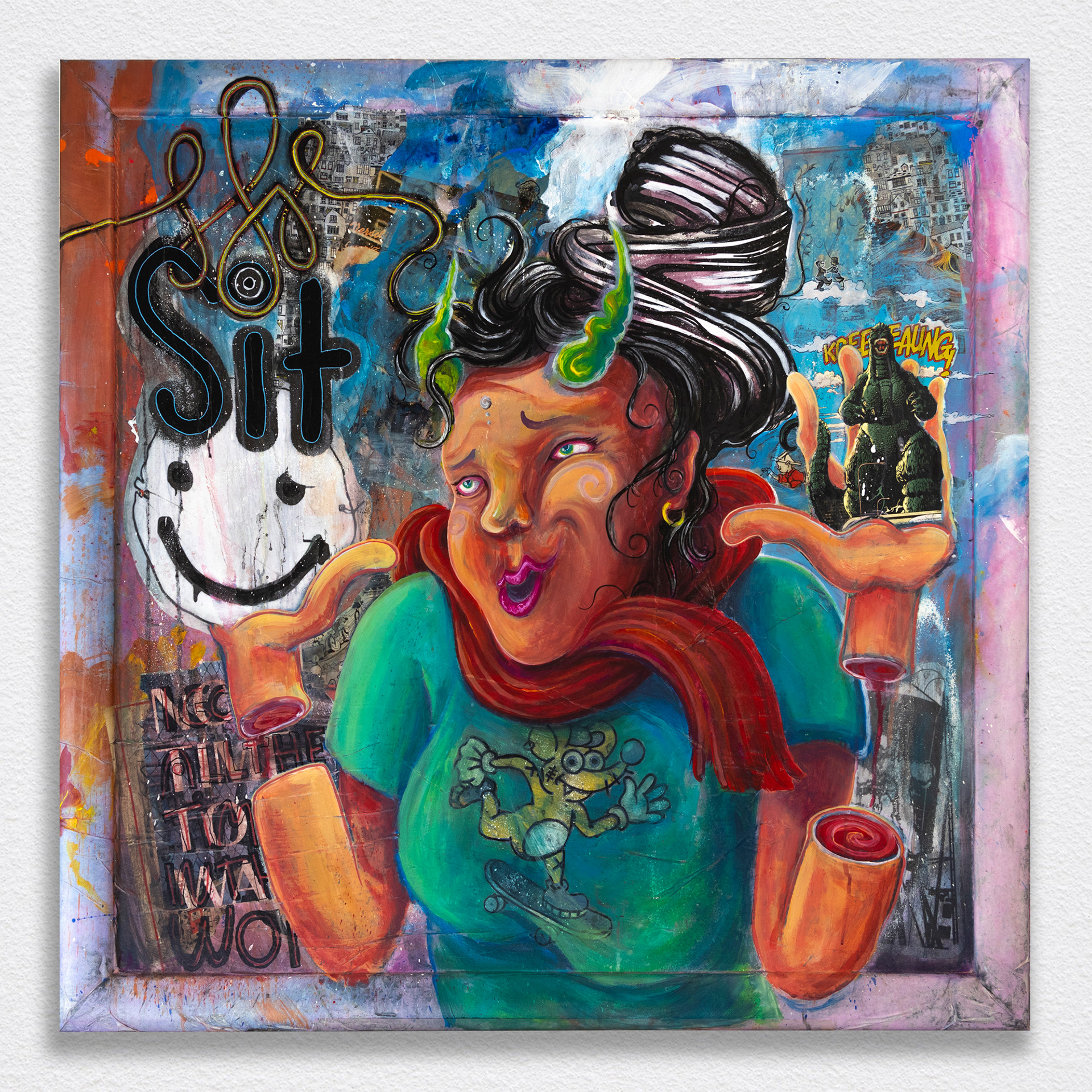 No Rush – 2023, Acryl, Collage auf MDF samt Rahmen, 94x92 cm, Sit atLiberty Collab