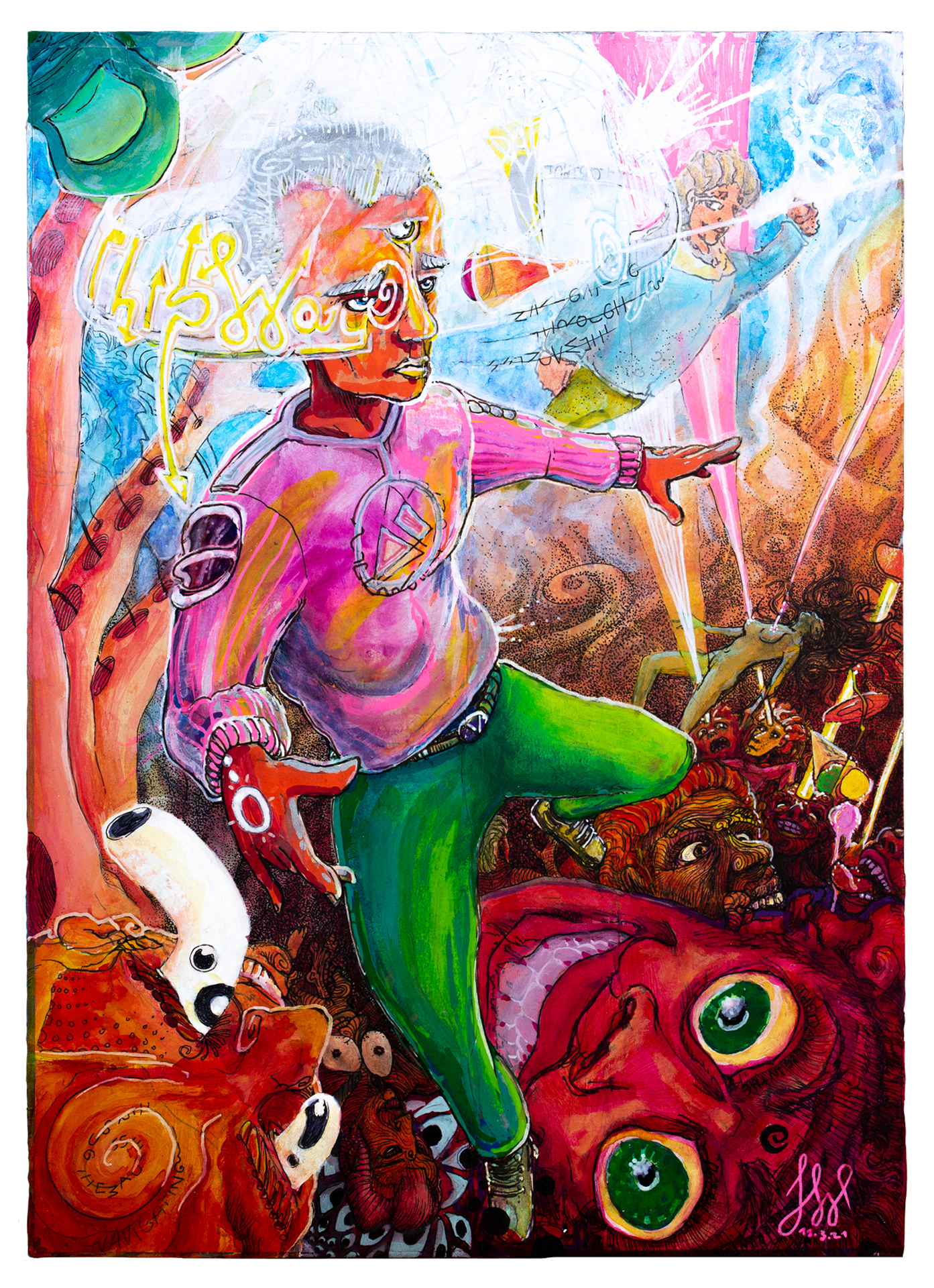 Navigating through the Madness – 2021, Aquarell, Gouache und Marker, Papier geklebt auf MDF, 21,5 × 30 cm