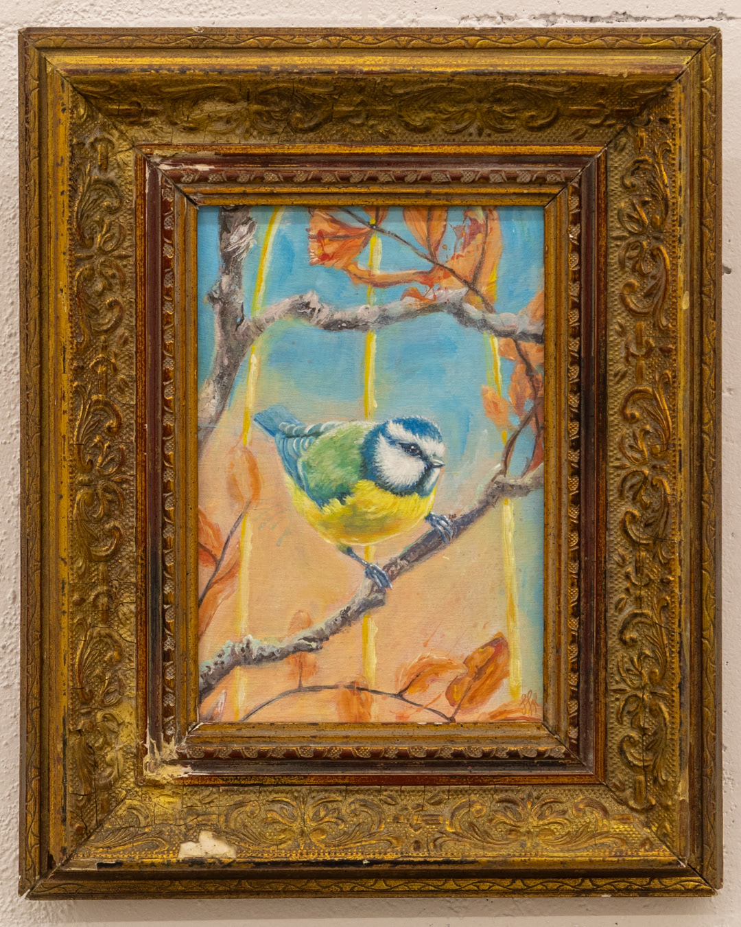 Goldener Käfig - 2025, Acryl auf Leinwandboard, 30×24 cm inkl. Rahmen