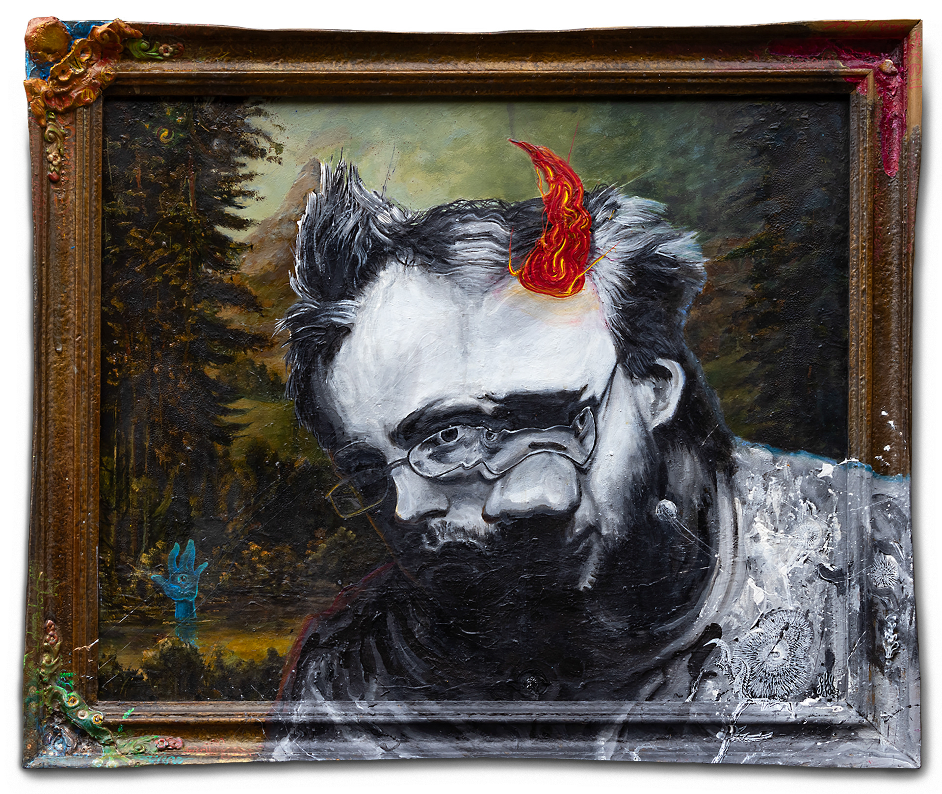 Selbstportrait Zerrissenheit – 2023, Acryl auf altem Ölbild und Rahmen, 70 × 60 cm