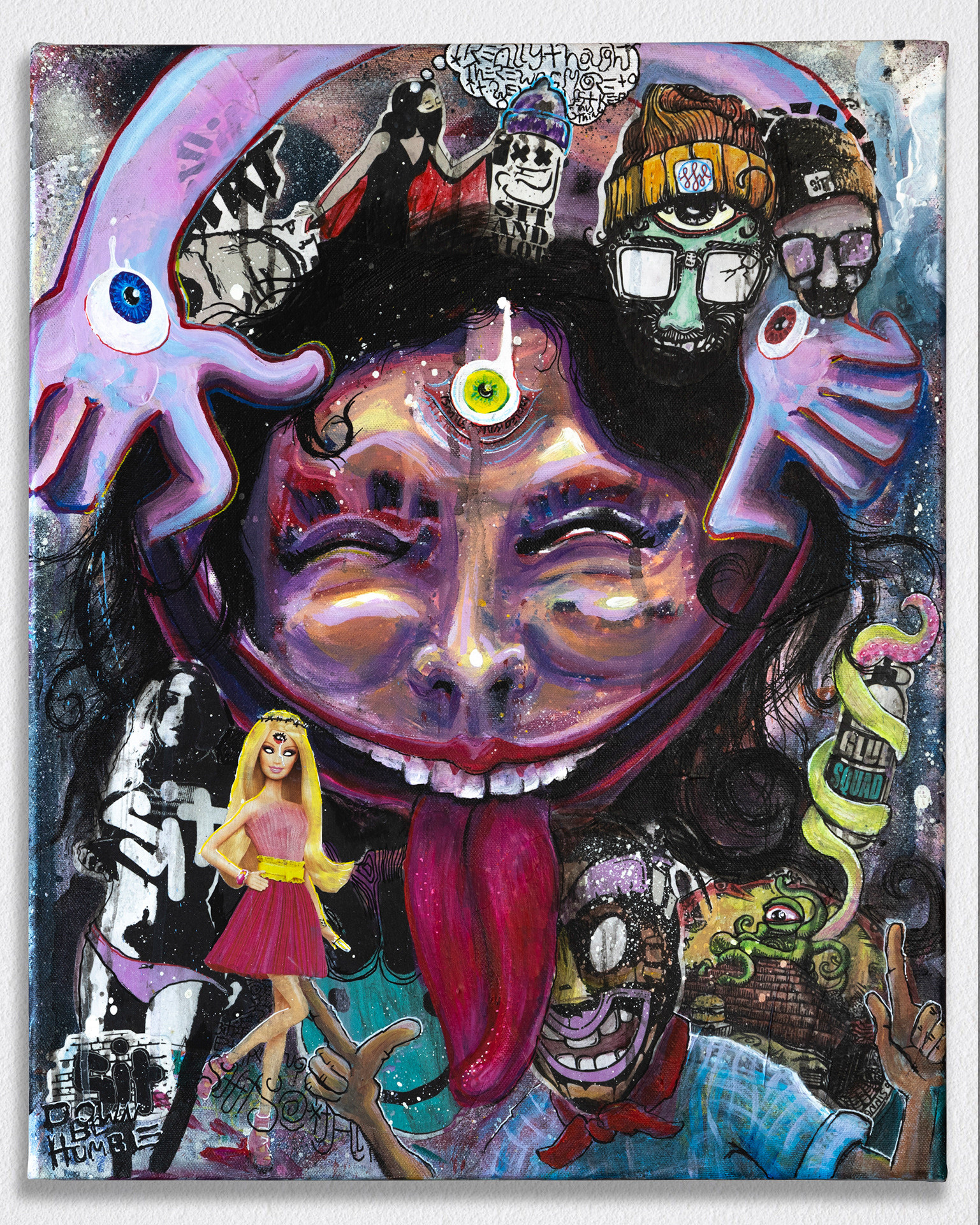 Grin – 2023, Acryl, Collage auf Leinwand, Keilrahmen, 50×40 cm, Sit atLiberty Collab VERKAUFT