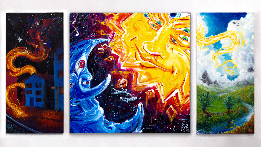 Zwischen Tag und Nacht - 2023, Triptychon, Acryl auf Leinwandboard, 63 x 63 und 63 x 30 cm