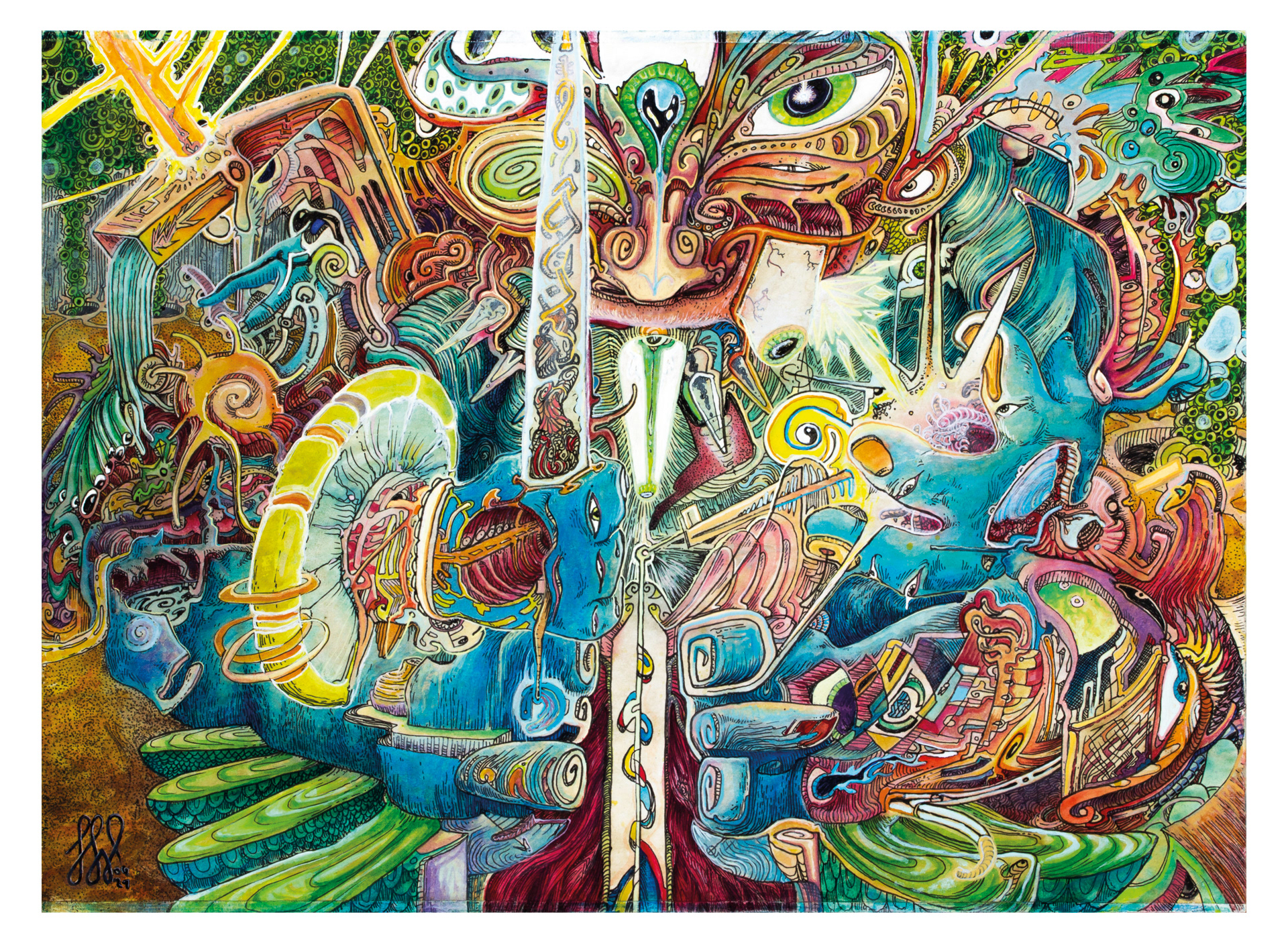 Peace in Chaos – 2021, Aquarell, Gouache und Marker, Papier geklebt auf MDF, 21,5 × 30 cm