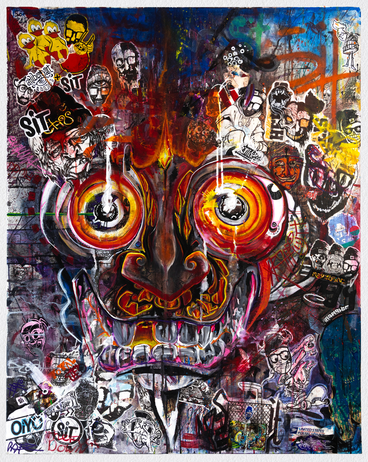 Angerface – 2023, Acryl, Collage auf Leinwand, Keilrahmen, 100×80 cm, Sit atLiberty Collab