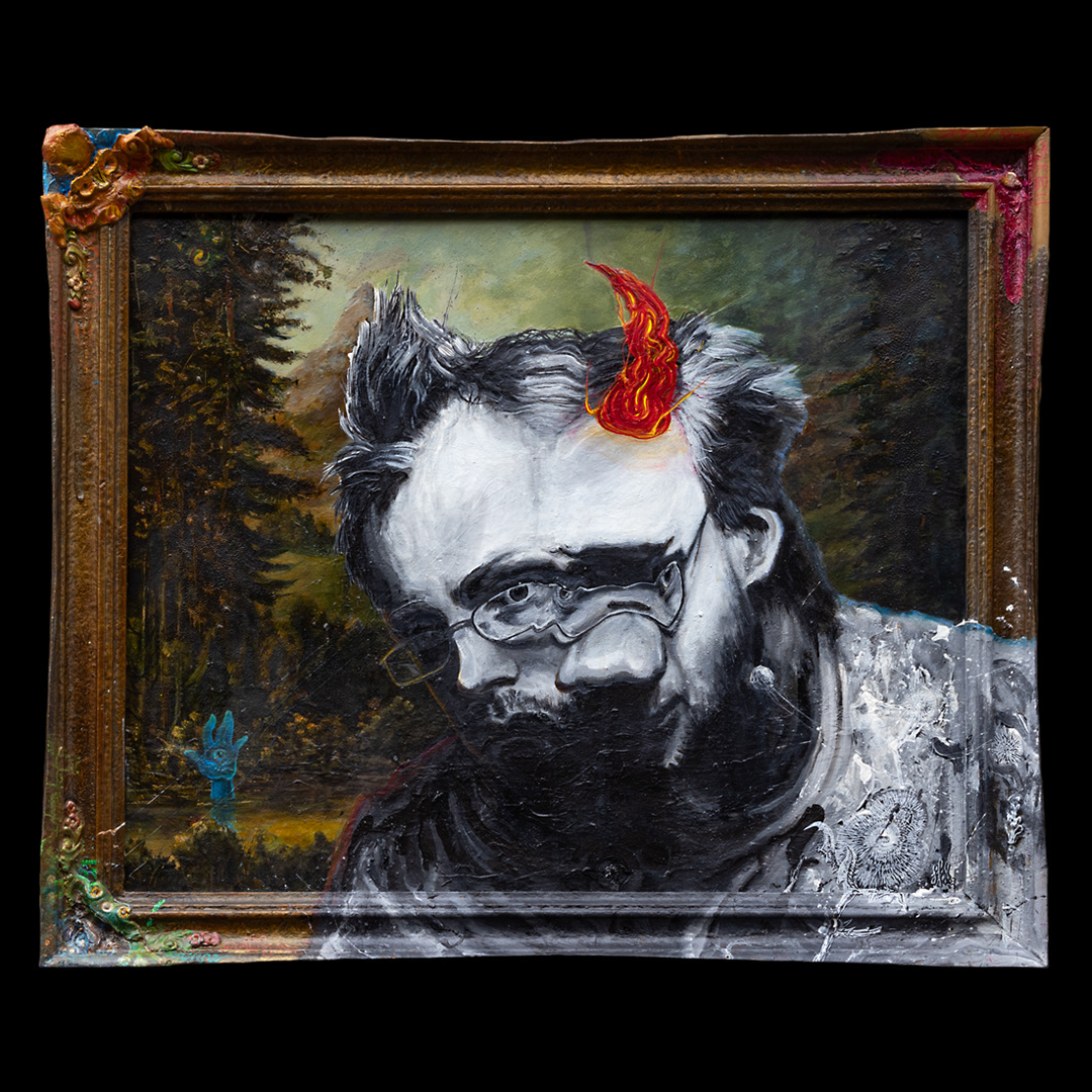 Selbstportrait Zerrissenheit – 2023, Acryl auf altem Ölbild und Rahmen, 70 × 60 cm