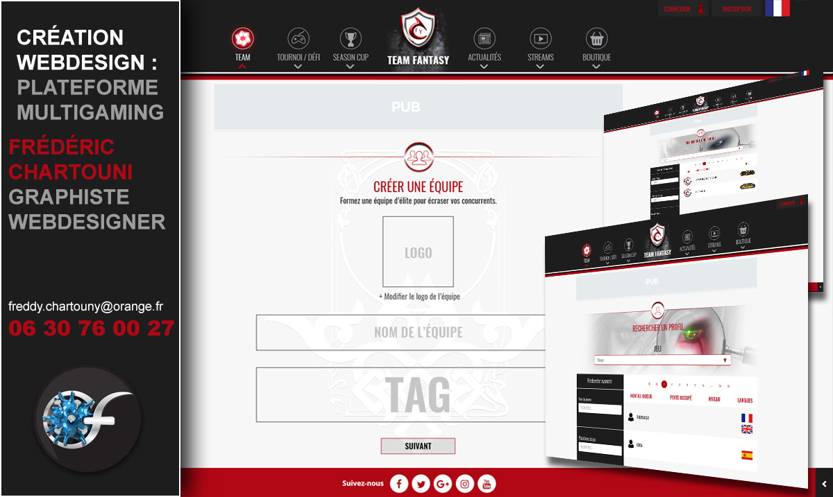 Création webdesign site web avec visuels personnalisés, icônes,...pour la plateforme multigaming "TEAM FANTASY"