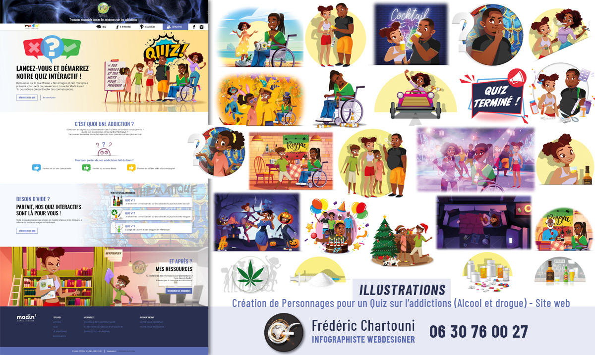 Création webdesign site web et illustrations sur mesures (plateforme Quiz sur l'addictions alcool, drogues