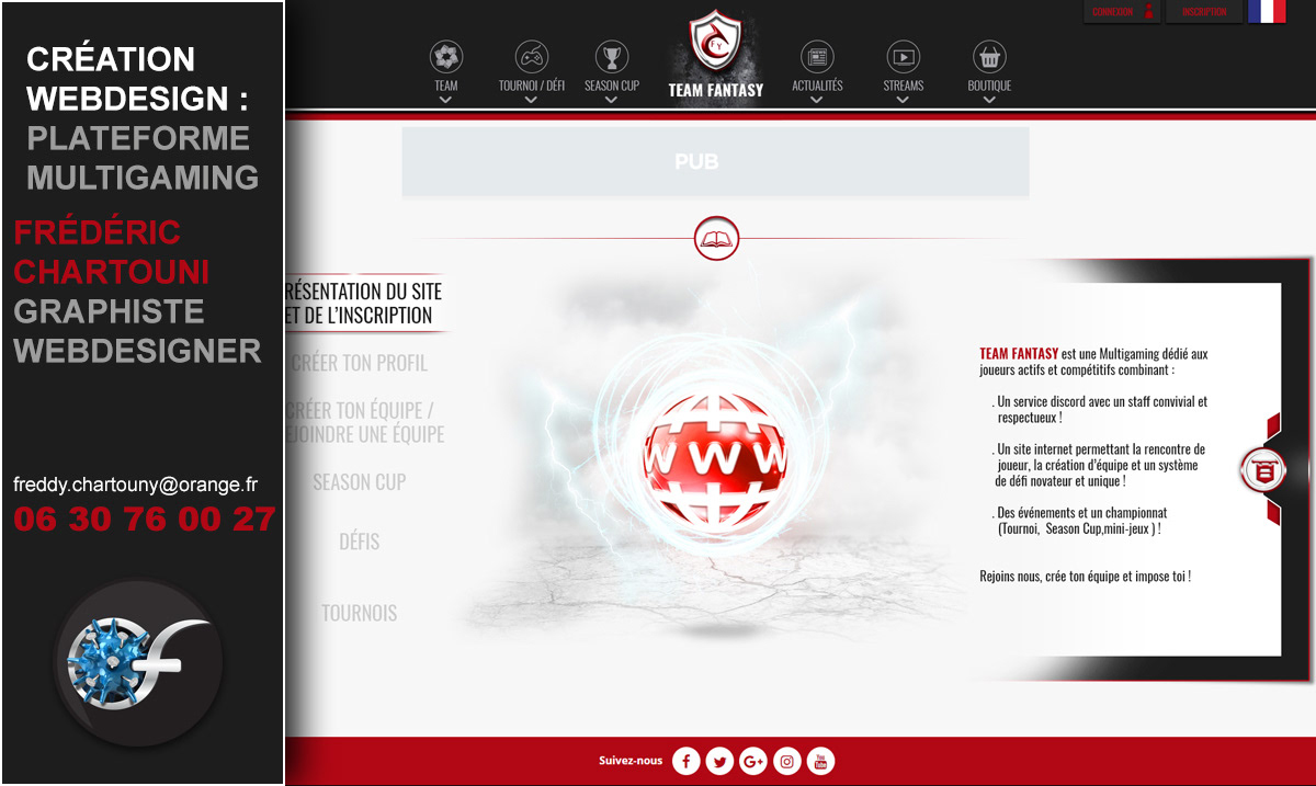 Création webdesign site web avec visuels personnalisés, icônes,...pour la plateforme multigaming "TEAM FANTASY"