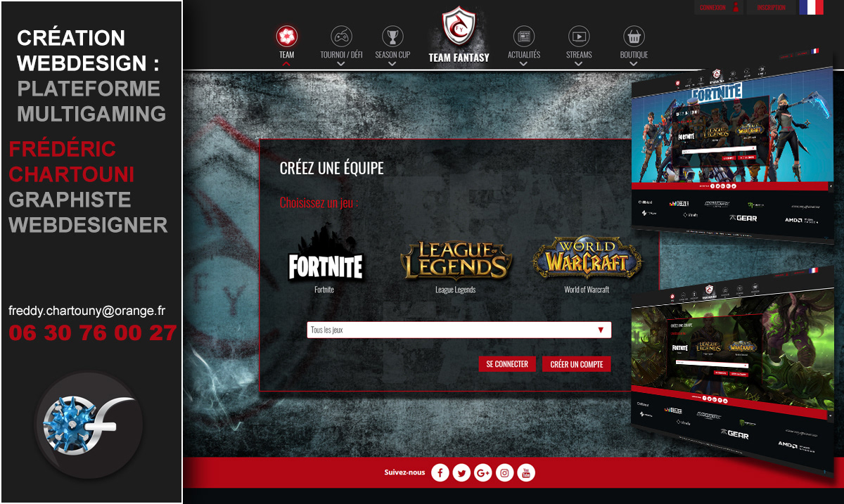 Création webdesign site web avec visuels personnalisés, icônes,...pour la plateforme multigaming "TEAM FANTASY"