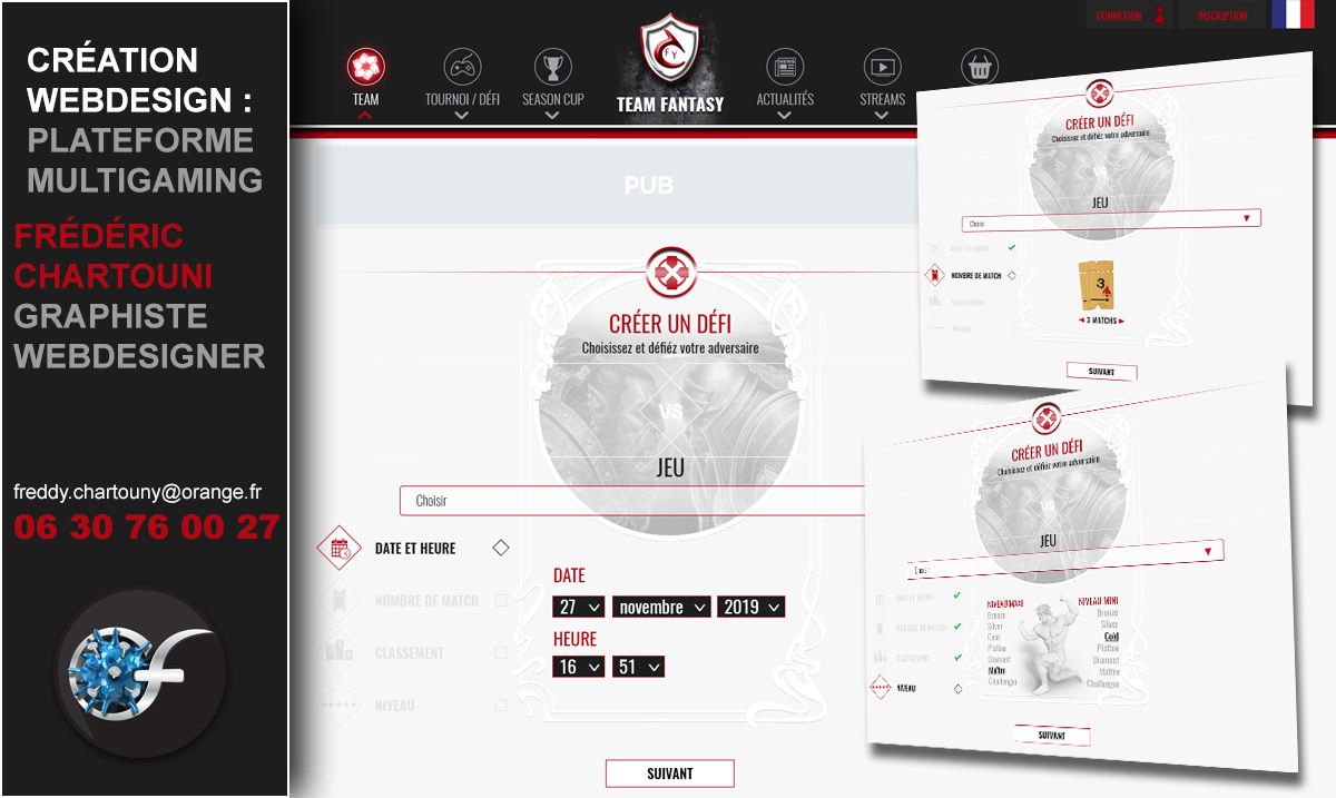 Création webdesign site web avec visuels personnalisés, icônes,...pour la plateforme multigaming "TEAM FANTASY"