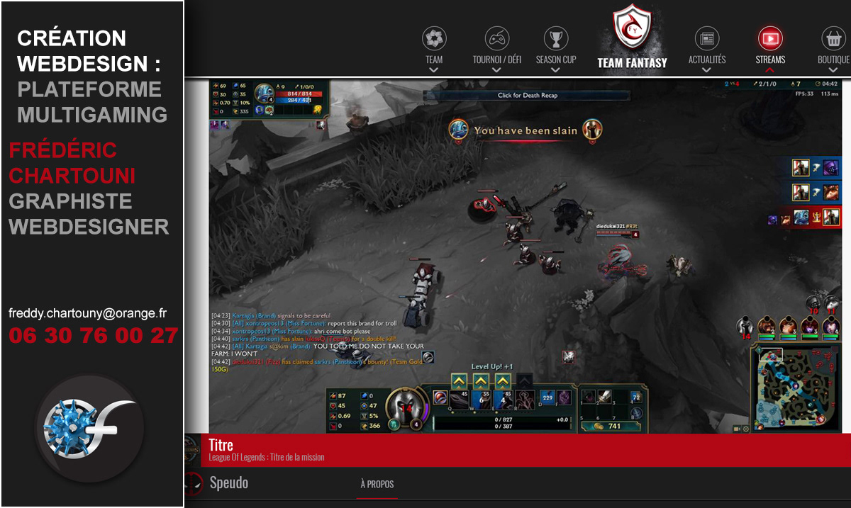 Création webdesign site web avec visuels personnalisés, icônes,...pour la plateforme multigaming "TEAM FANTASY"